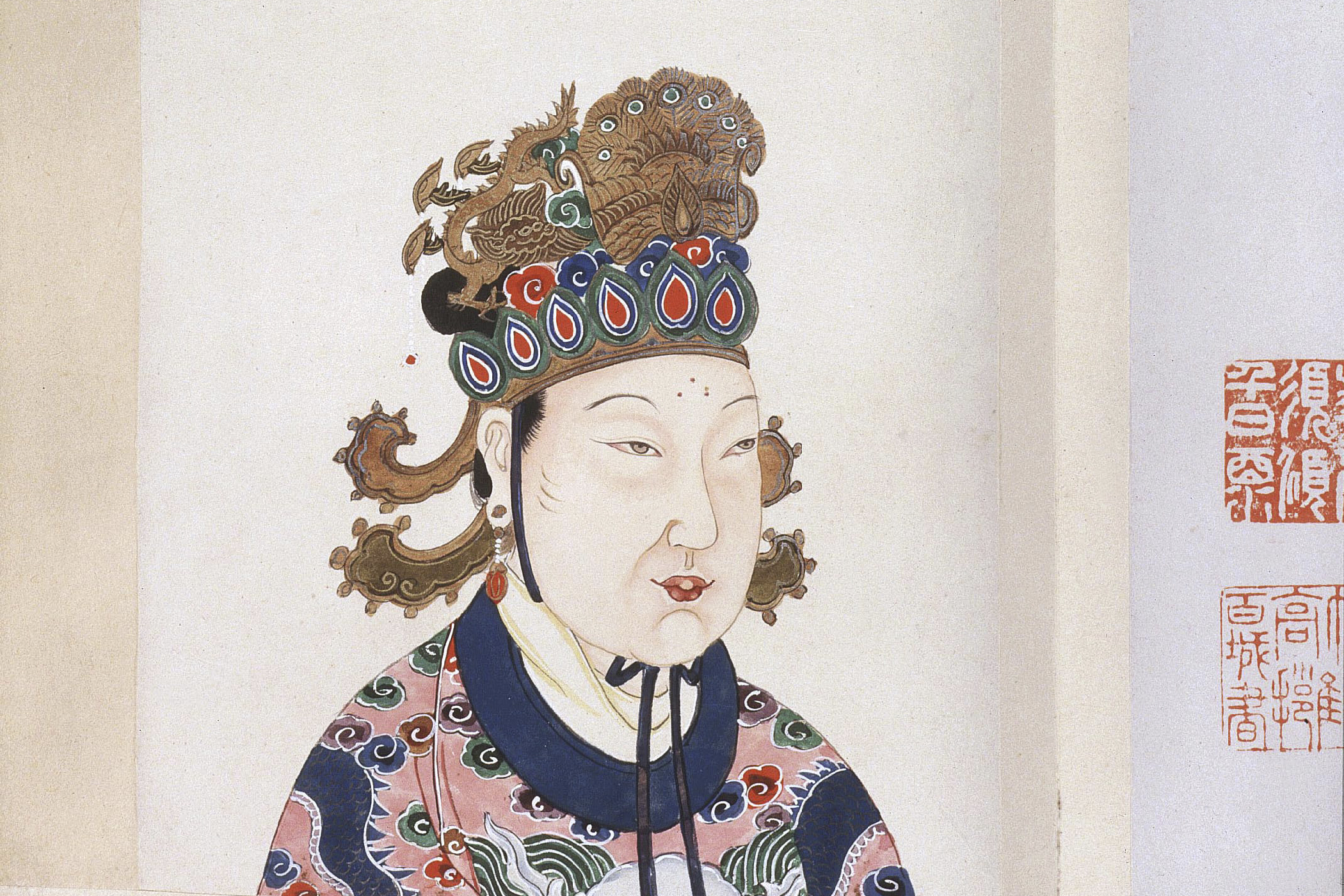 Empress Wu Zetian, first empress of China, 624-705 AD, imperial concubine until marriage to Emperor Gaozong, Tang dynasty, from Album of portraits of 86 Chinese emperors, with Chinese historical notes, 18th century.