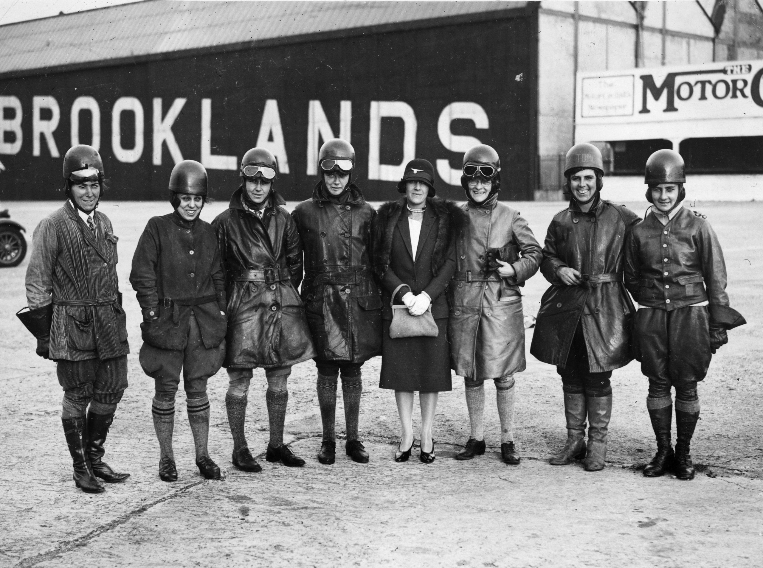 Members of the London Ladies Motor Club, including Sir Malcolm Campbell's wife (fifth from left), at Brooklands race track where they are competing in the first ever British motor cycling race for women.  January 1925.