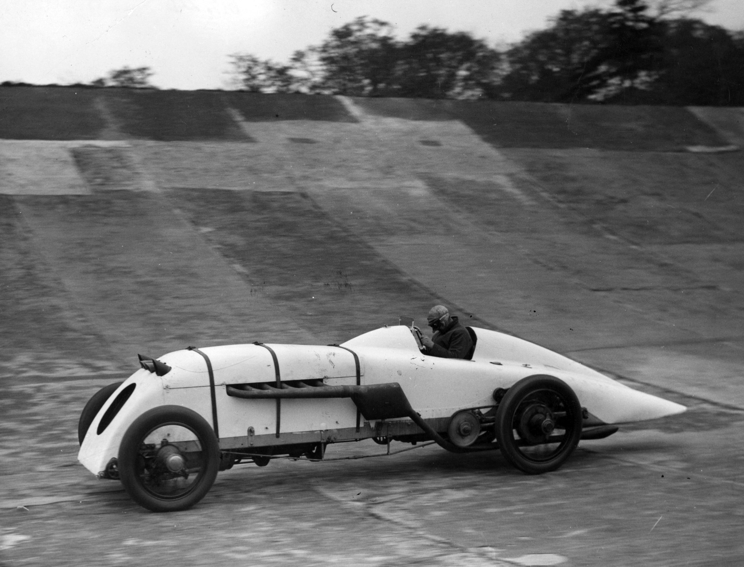 J G Parry Thomas testing his racing car 'Babs' at Brooklands. April 1926.