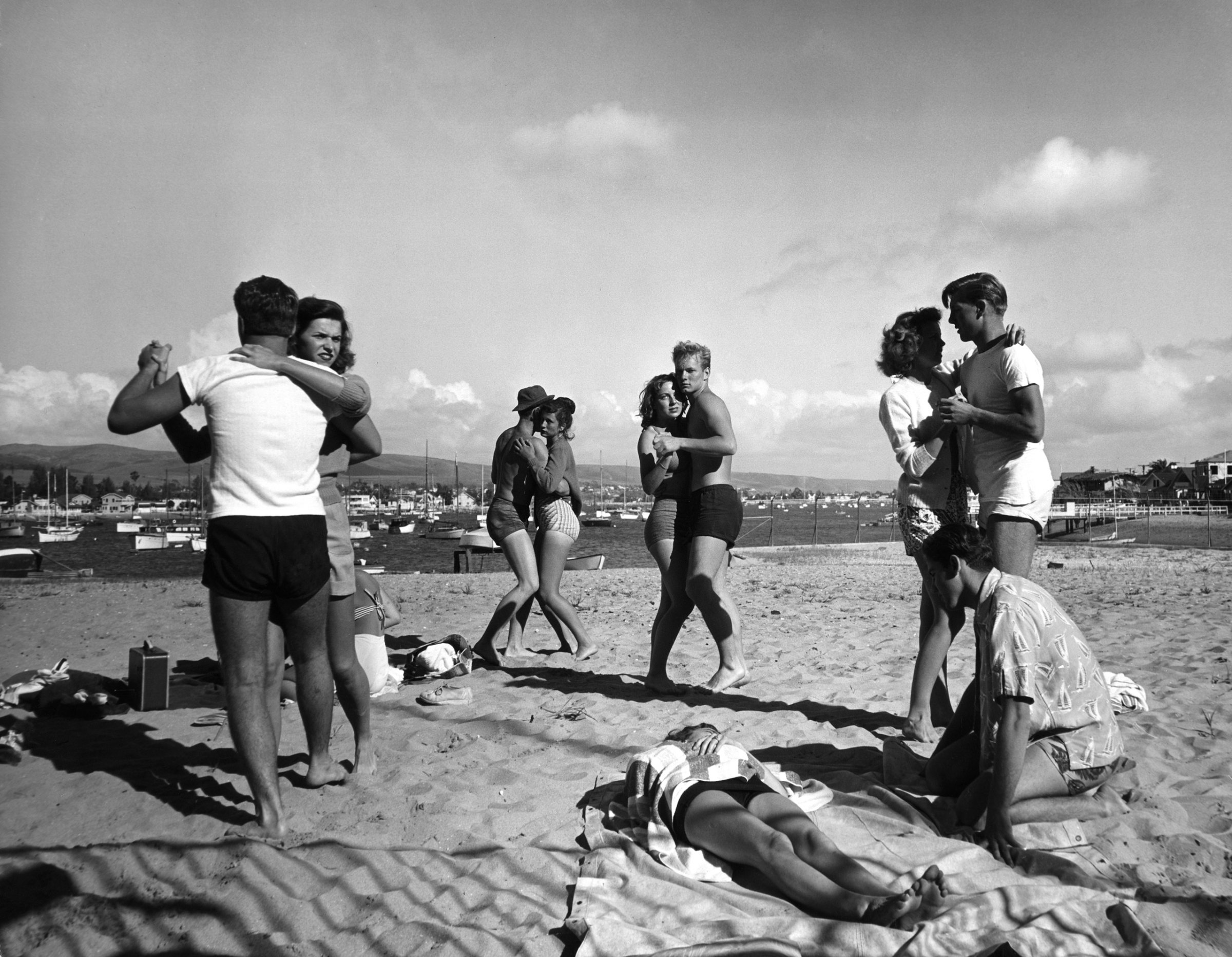 Glendale Junior College Students dancing on Balboa Beach, California, 1947.
