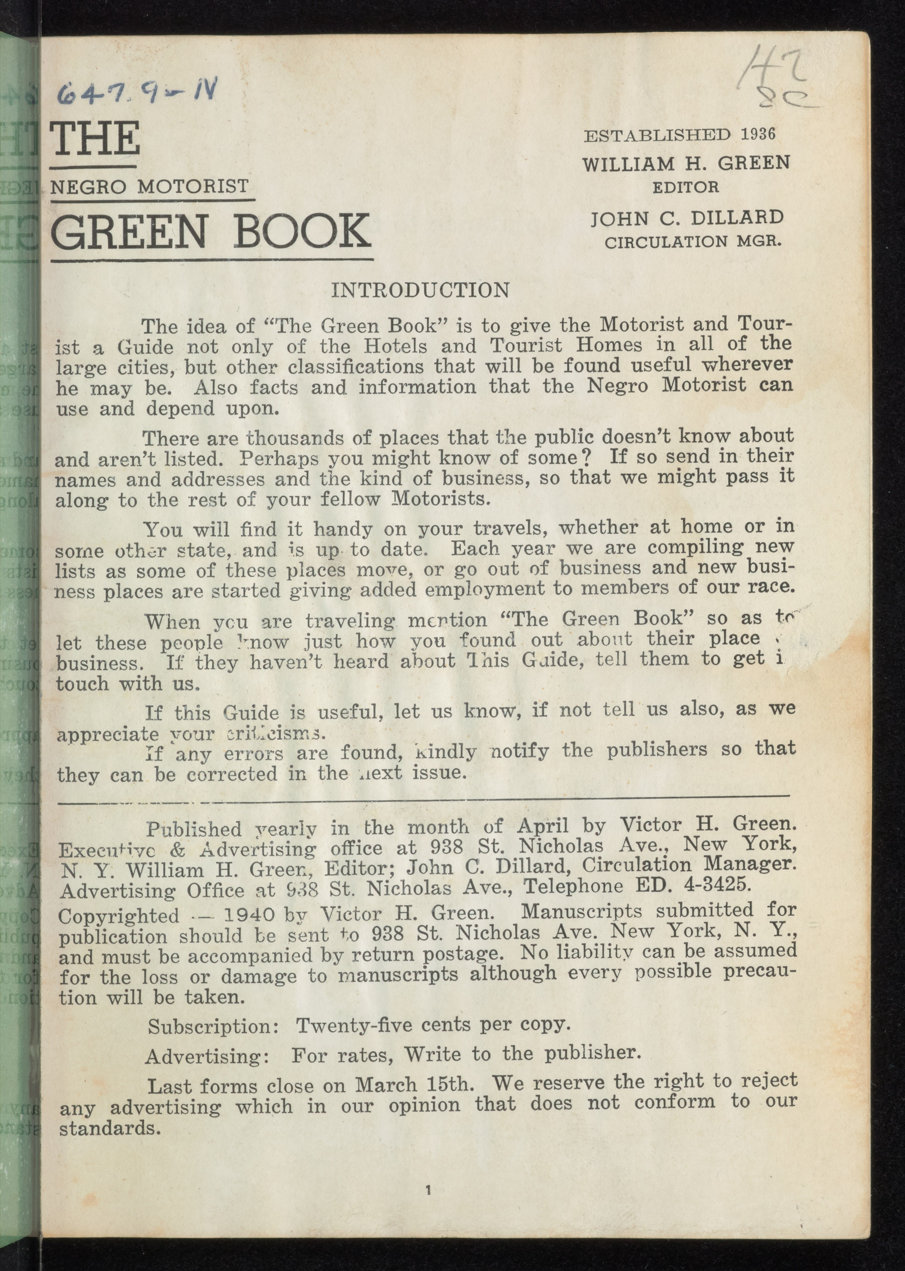The Travelers' Green Book: 1940.