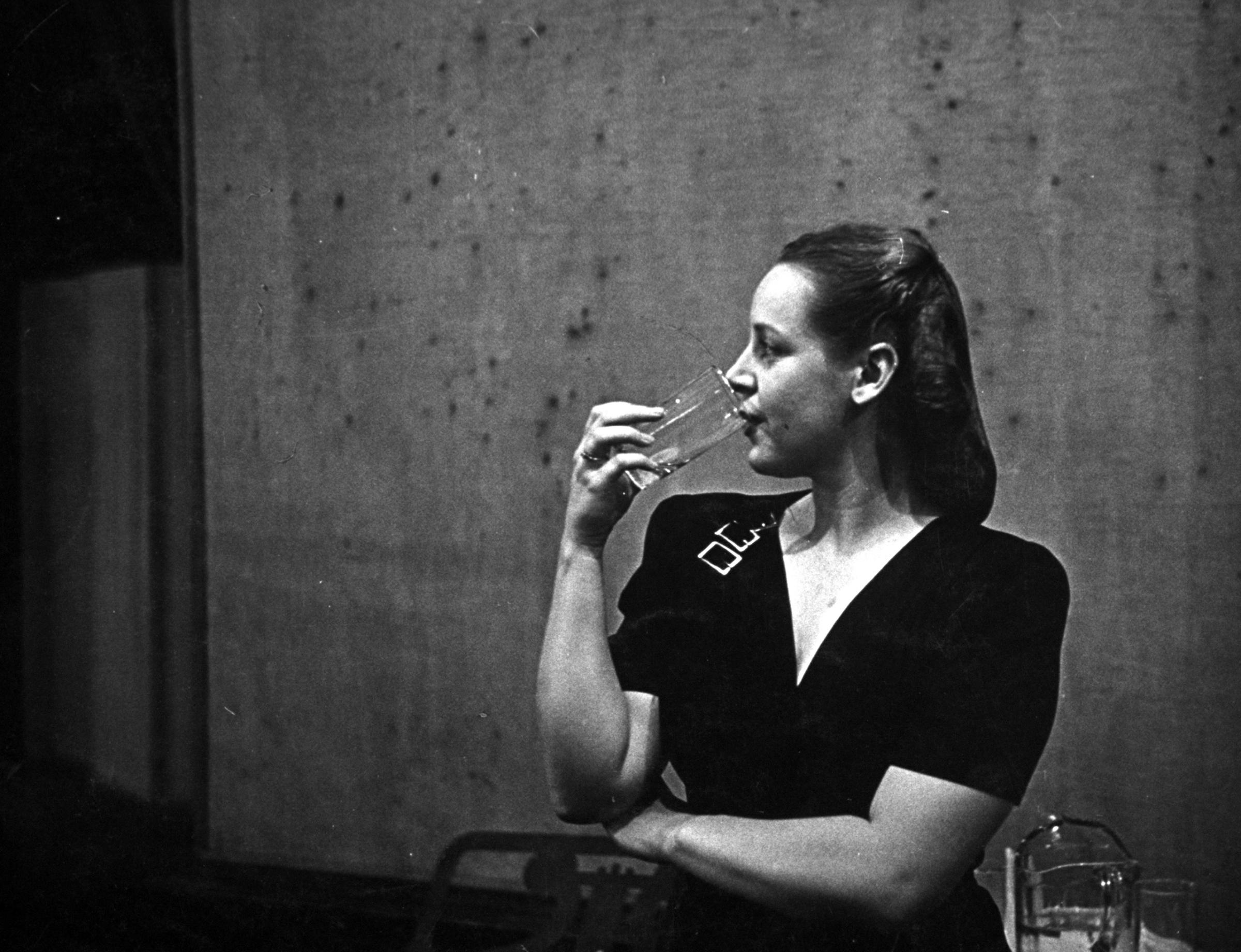 Eleanor Streber drinking water during a CBS recording session.