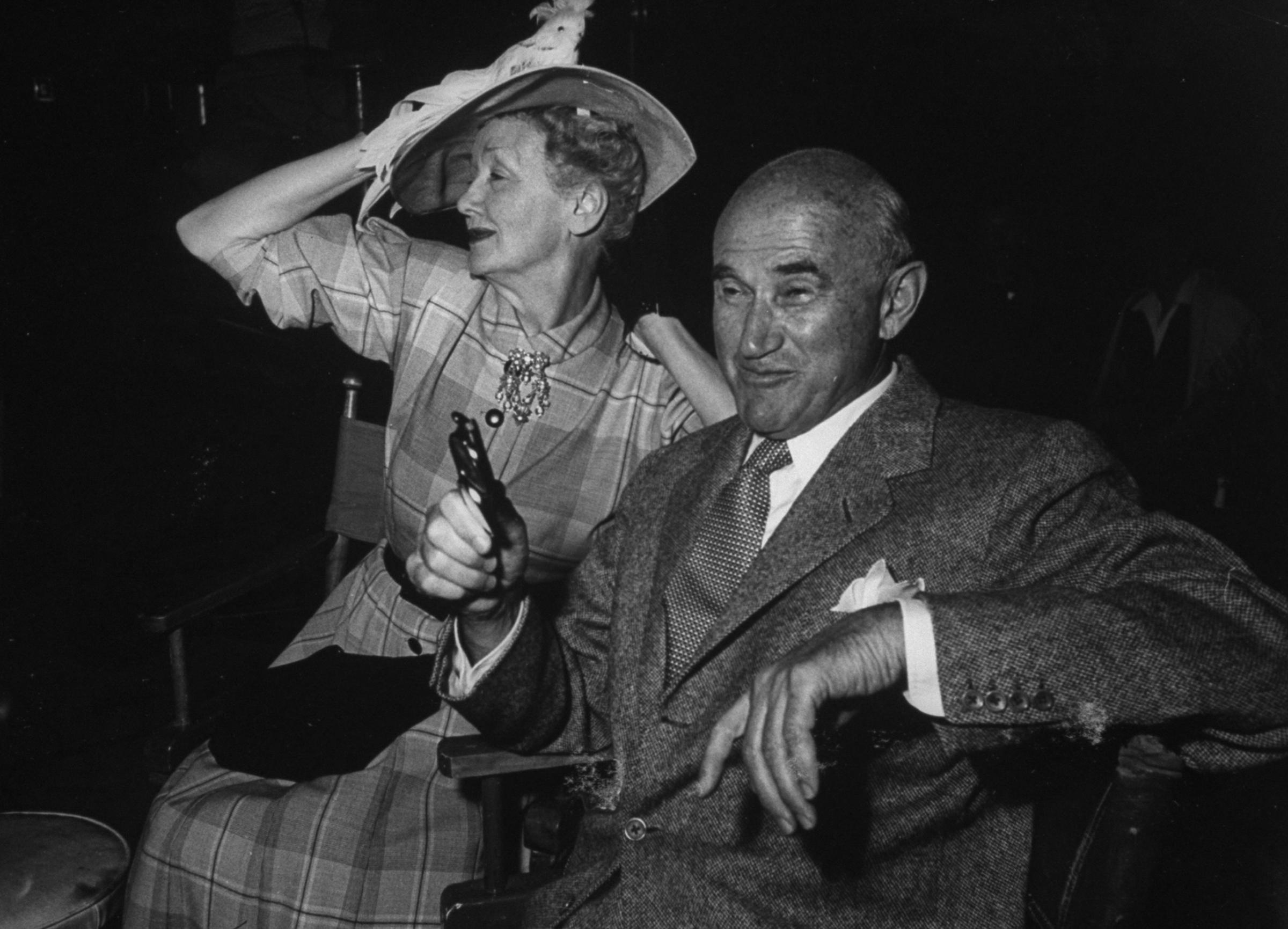 Hedda Hopper and Sam Goldwyn on the set during production of MGM's "Porgy and Bess." 1958.