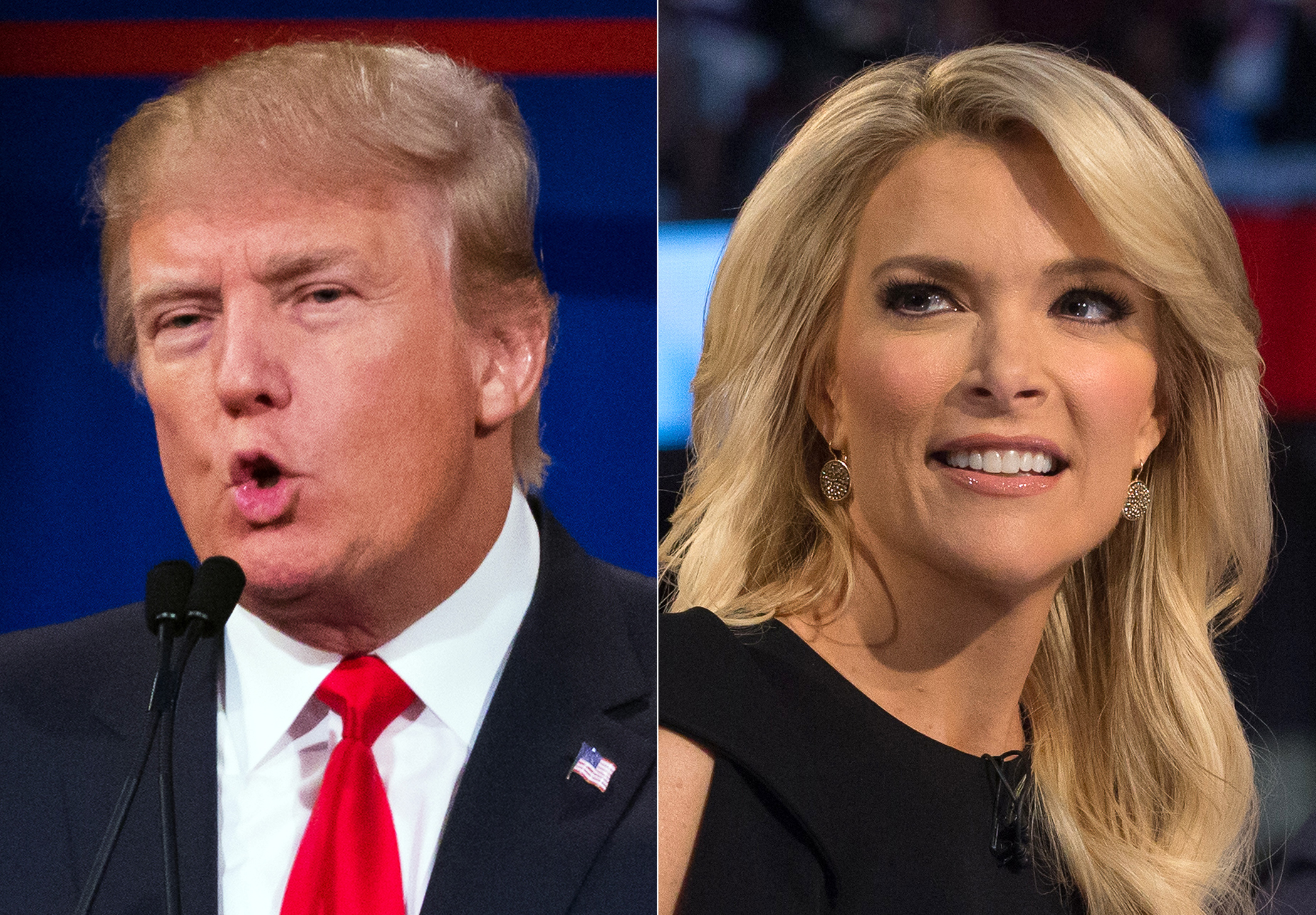 Republican presidential candidate Donald Trump, left, and Fox News Channel host and moderator Megyn Kelly during the first Republican presidential debate at the Quicken Loans Arena, in Cleveland, August 5, 2015. (John Minchillo&mdash;AP)