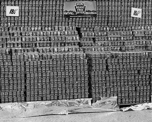 Supermarket display of baked beans, North Shields, Tyneside, 1981