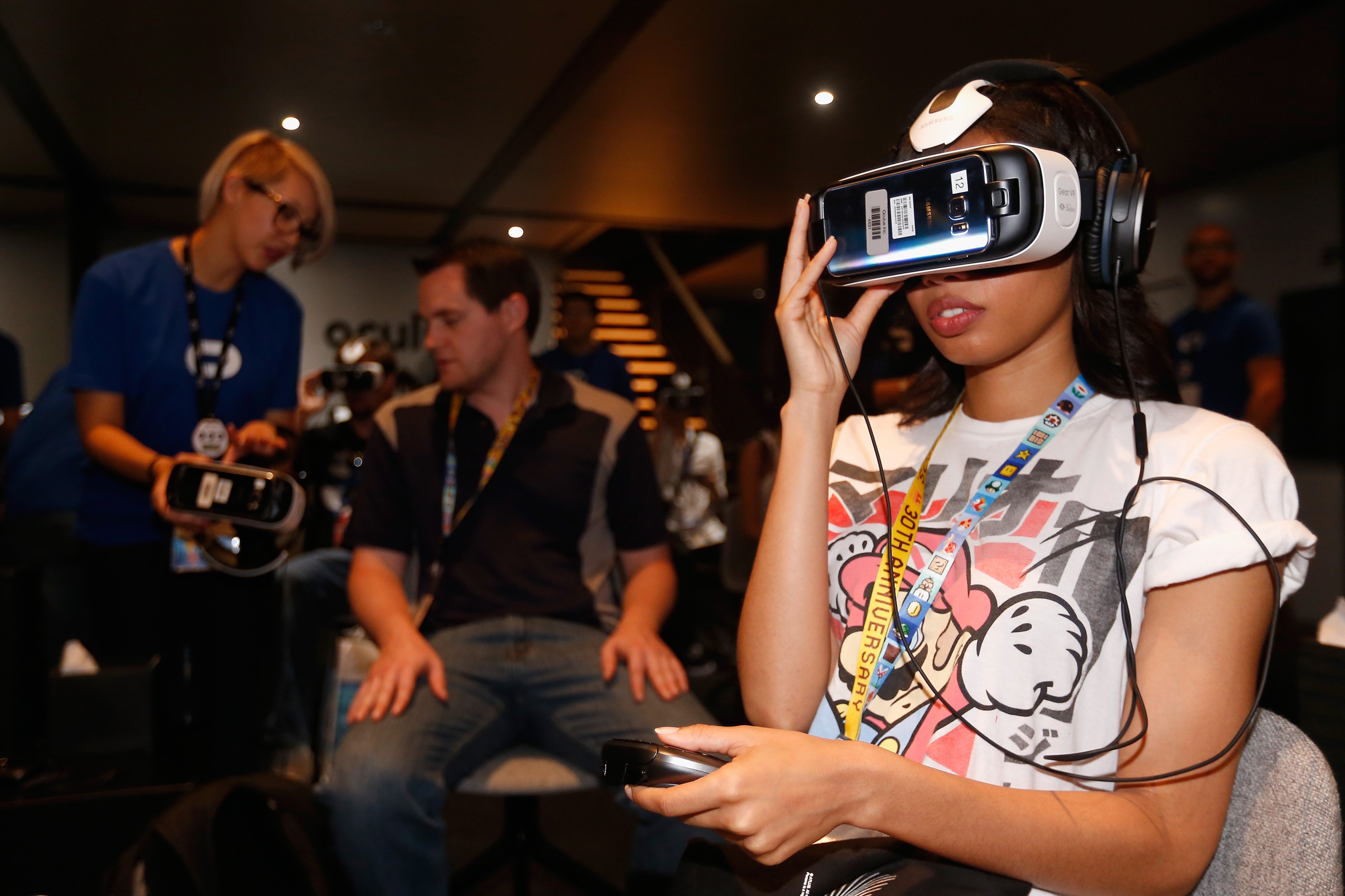 Game enthusiasts test the Samsung Gear VR powered by Oculus at the Annual Gaming Industry Conference E3 at  the Los Angeles Convention Center on June 16, 2015 in Los Angeles, California. (Christian Petersen&mdash;Getty Images)