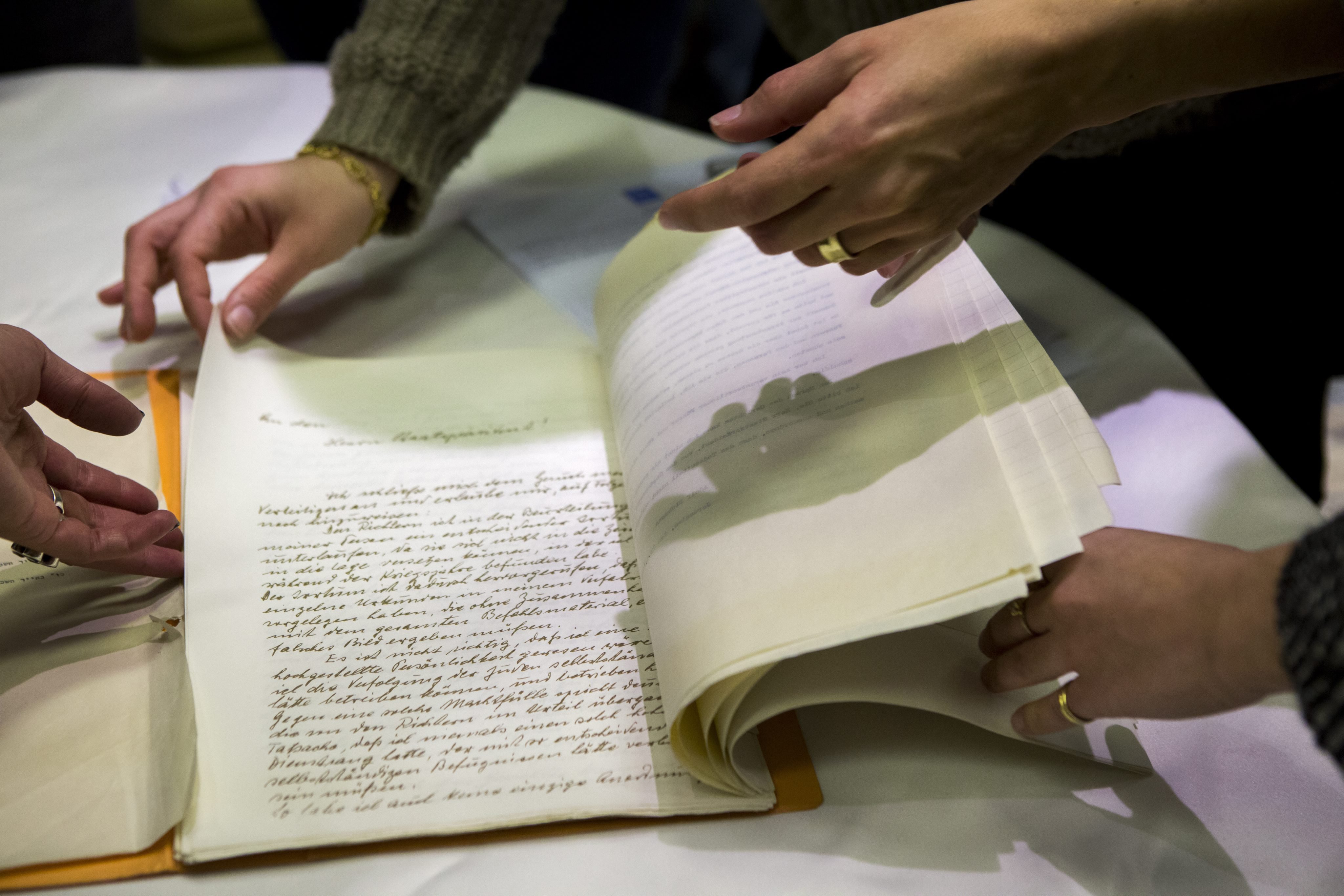 A newly found pardon request by Nazi Adolf Eichmann is displayed in the Israeli president's residence in Jerusalem, on Jan. 27, 2016. (Jim Hollander—EPA)