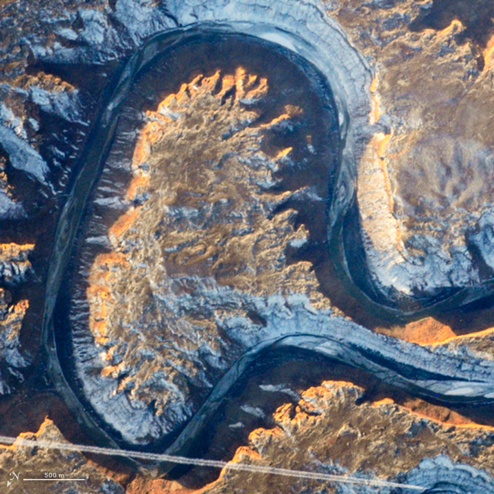 Utah’s Green River doubling back on itself—a feature known as Bowknot Bend—from the International Space Station on January 22, 2014.