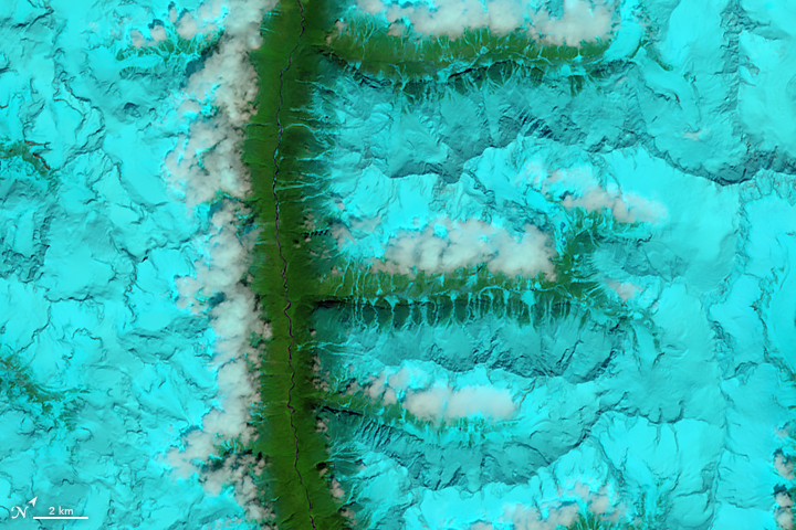 The Operational Land Imager (OLI) on Landsat 8 acquired this false-color image of valleys and snow-covered mountain ranges in southeastern Tibet on August 4, 2014.