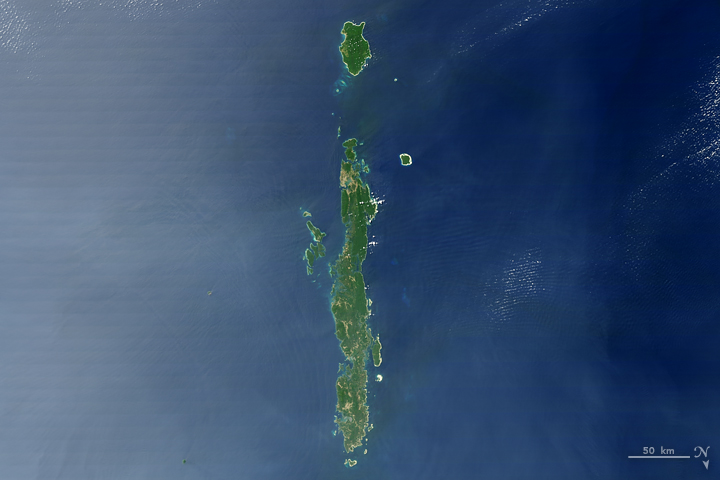The Moderate Resolution Imaging Spectroradiometer (MODIS) on NASA’s Terra satellite captured this image of the Andaman Islands on Feb. 10, 2007.