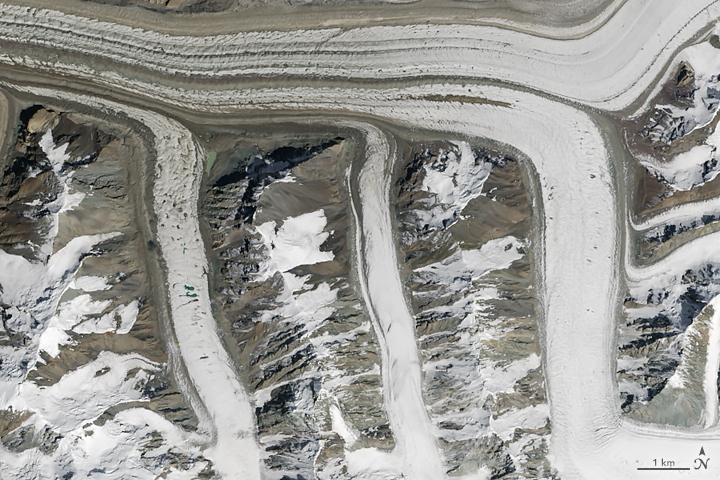 The Operational Land Imager (OLI) on Landsat 8 captured this image of glaciers in the Tian Shan mountains in northeastern Kyrgyzstan on August 14, 2015.