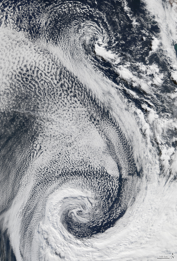 The Moderate Resolution Imaging Spectroradiometer (MODIS) on the Terra satellite acquired this image of clouds swirling over the Atlantic Ocean on April 29, 2009.