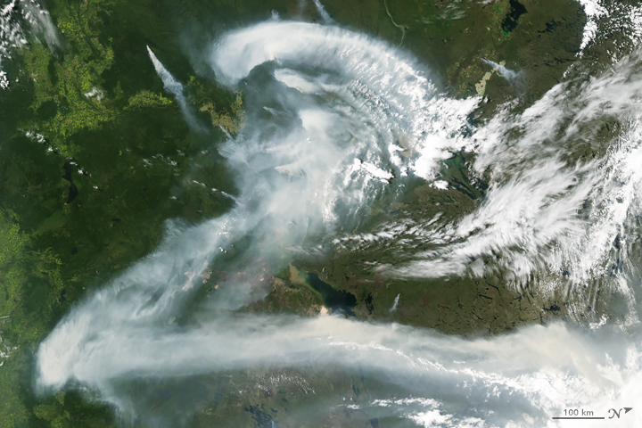 The Moderate Resolution Imaging Spectroradiometer (MODIS) on NASA’s Aqua satellite captured this image of wildfire smoke over Canada on July 11, 2012.