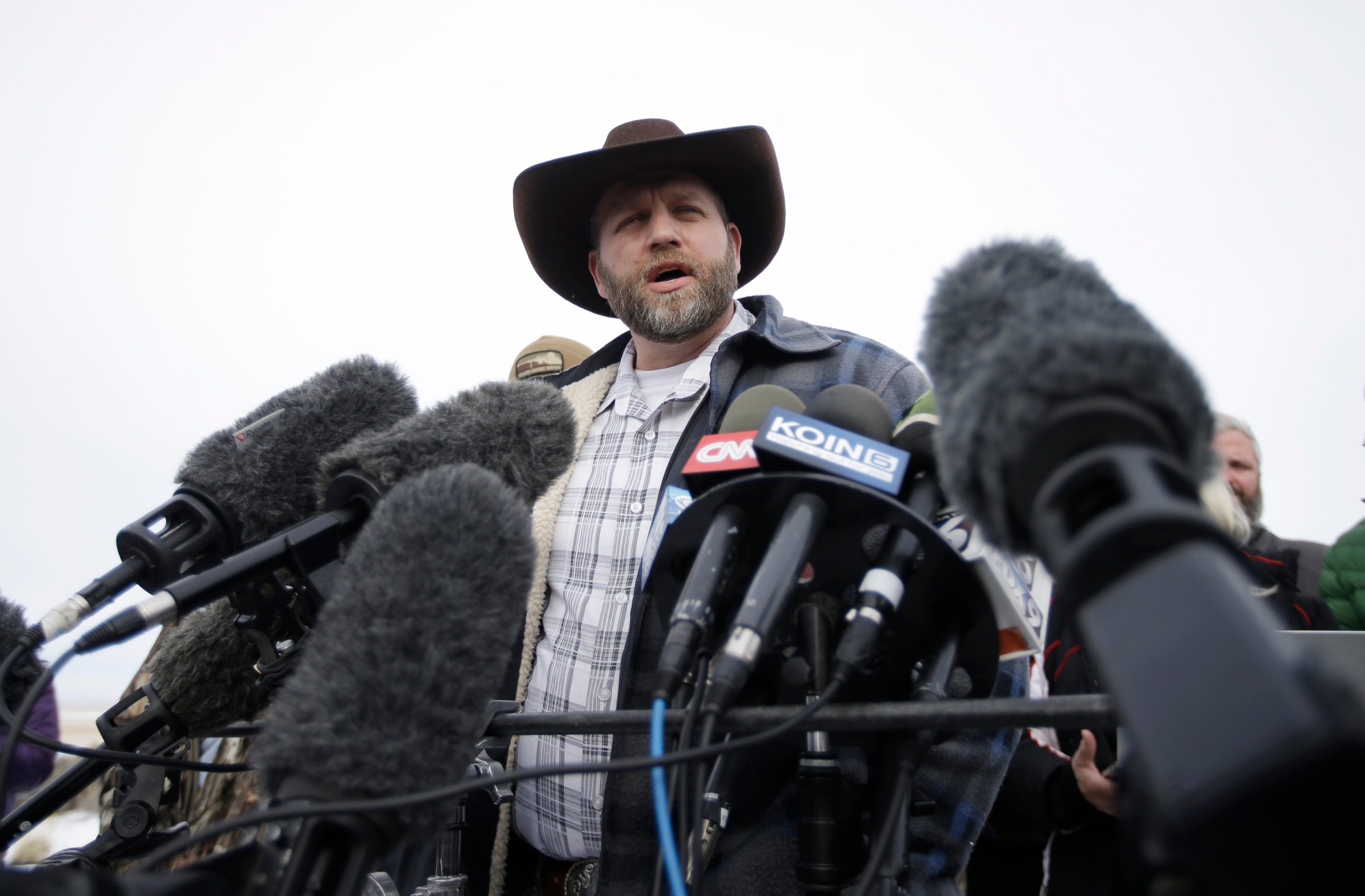 Ammon Bundy, one of the sons of Nevada rancher Cliven Bundy, speaks with reporters during a news conference at Malheur National Wildlife Refuge headquarters on Jan. 4, 2016, near Burns, Ore.