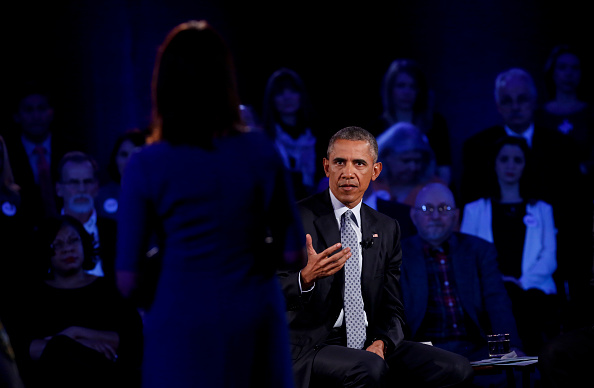 U.S. President Barack Obama answers a question at town hall at George Mason University on January 7, 2016 in Fairfax, Virginia.