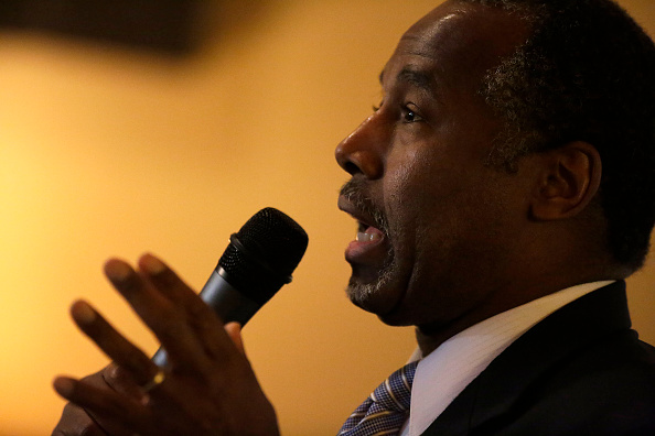 Republican presidential candidate Ben Carson speaks during his "Trust in God Townhall" campaign stop January 22, 2016 in Creston, Iowa.