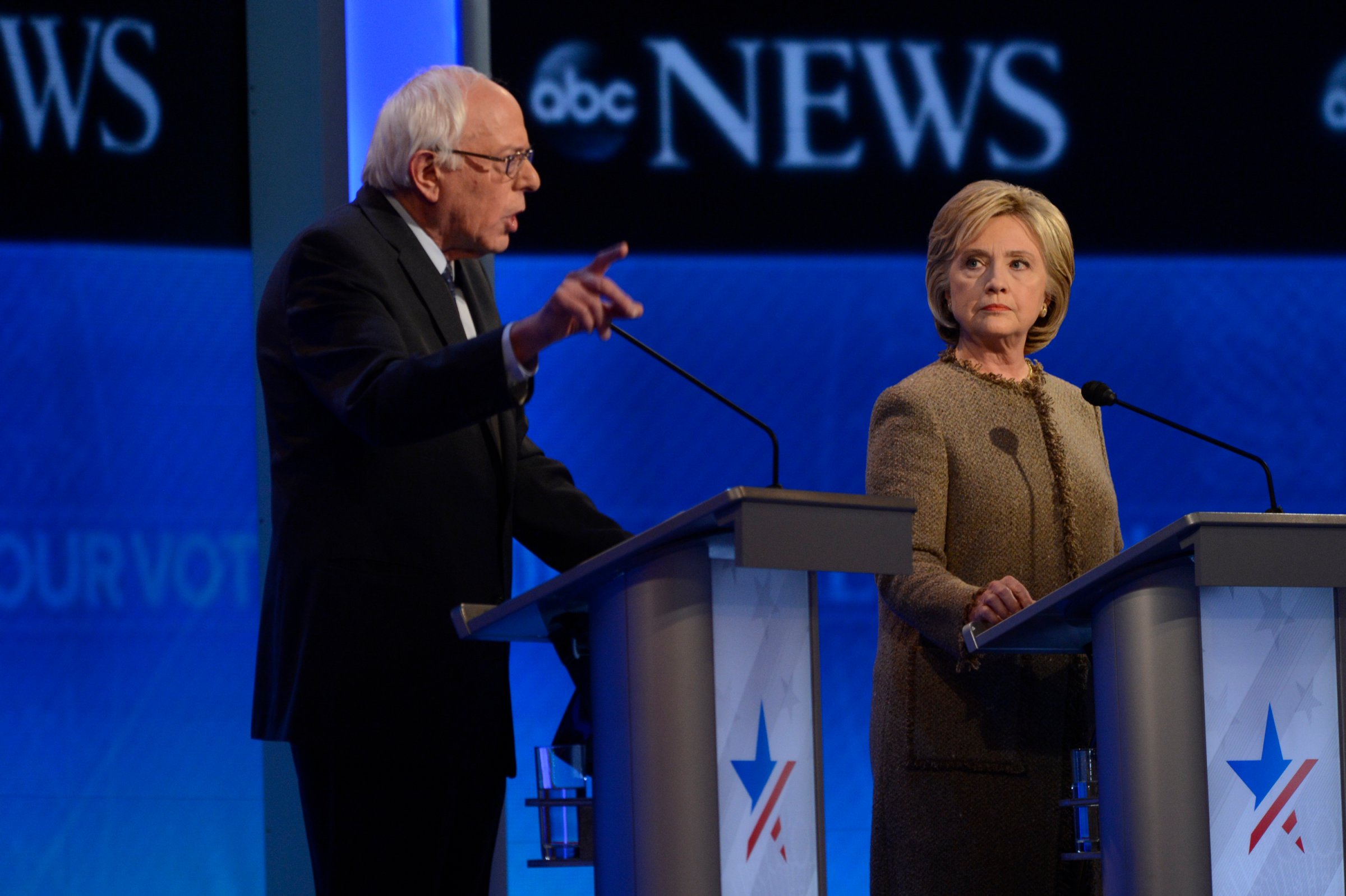 Hillary Clinton and Bernie Sanders at the Democratic Presidential debate at St. Anselm College in Manchester, NH on Dec. 19, 2015.