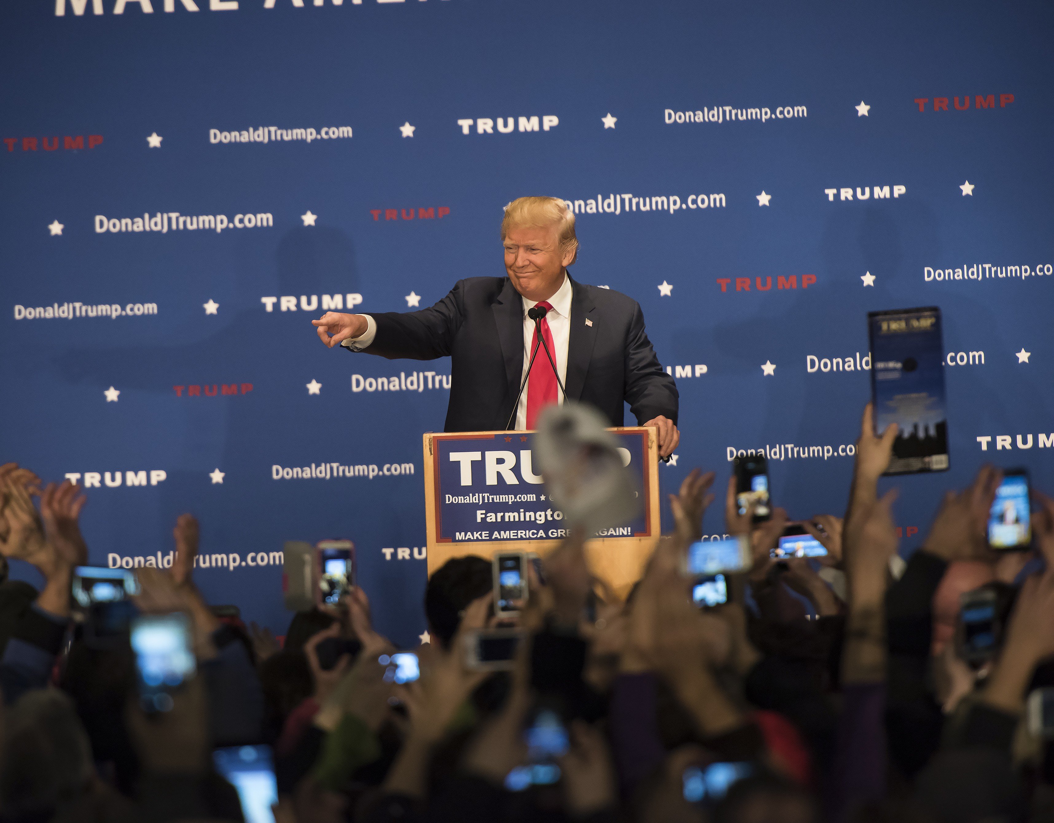 Republican Presidential candidate, Donald Trump speaking at a campaign stop at Farmington High School in Farmington, NH. on Jan. 25, 2016. (Rick Friedman—Corbis)