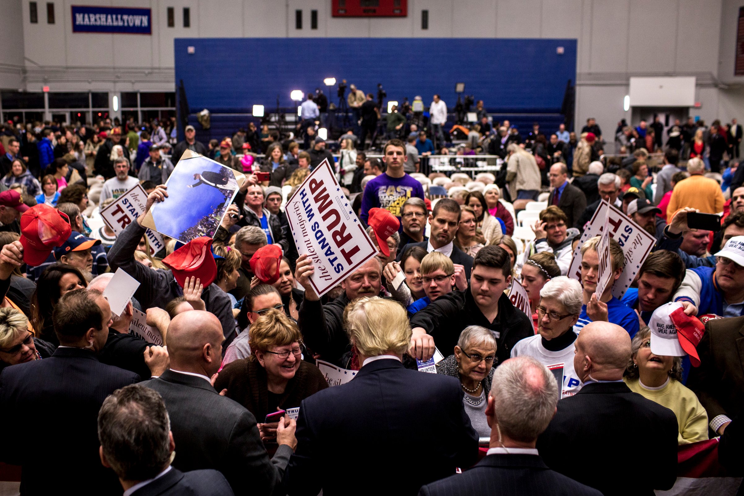 Donald Trump greets supporters at a rally on Jan. 26, 2016, in Des Moines, Iowa.