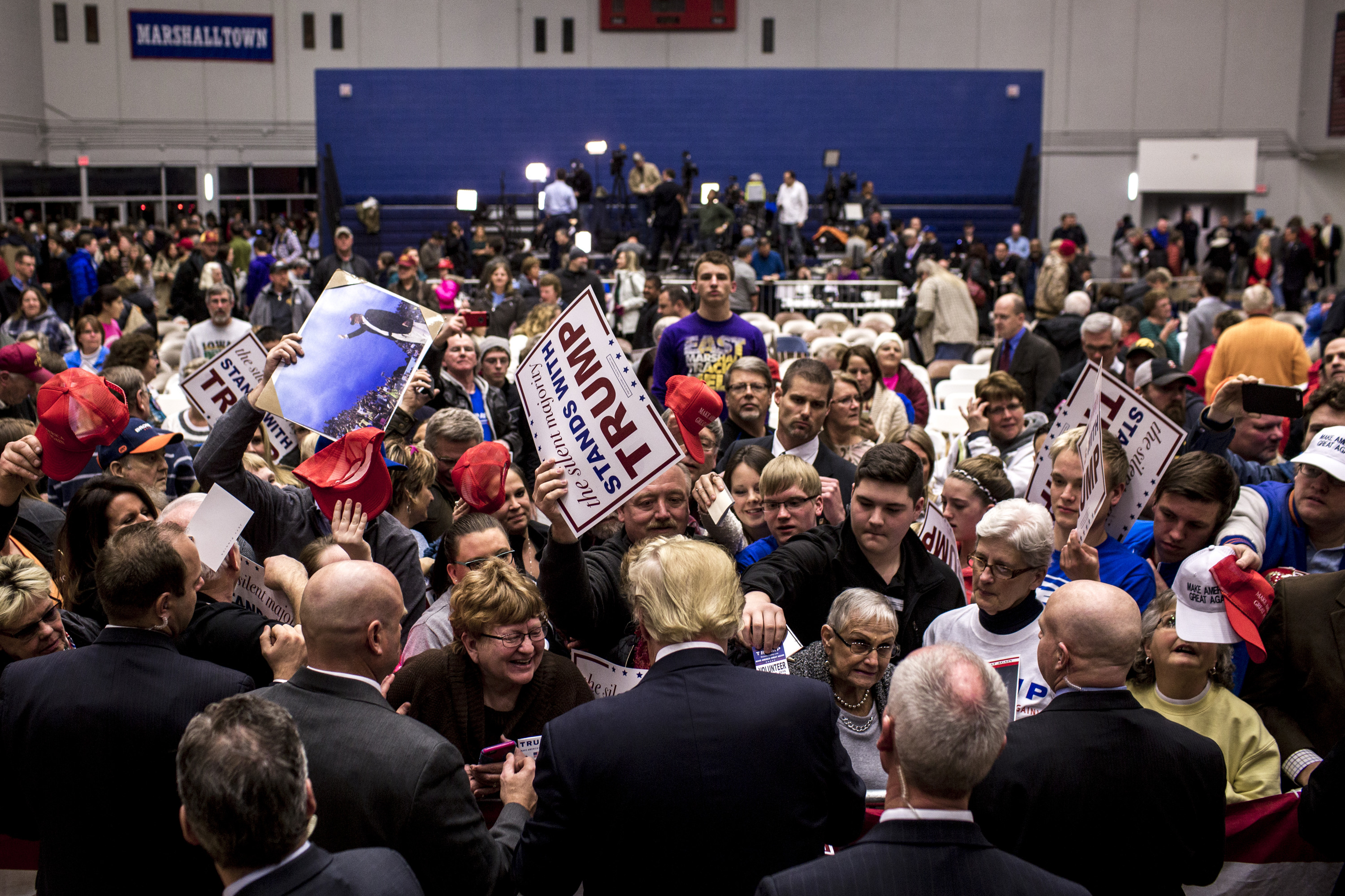 Donald Trump greets supporters at a rally on Jan. 26, 2016, in Des Moines, Iowa. (Natalie Keyssar for TIME)