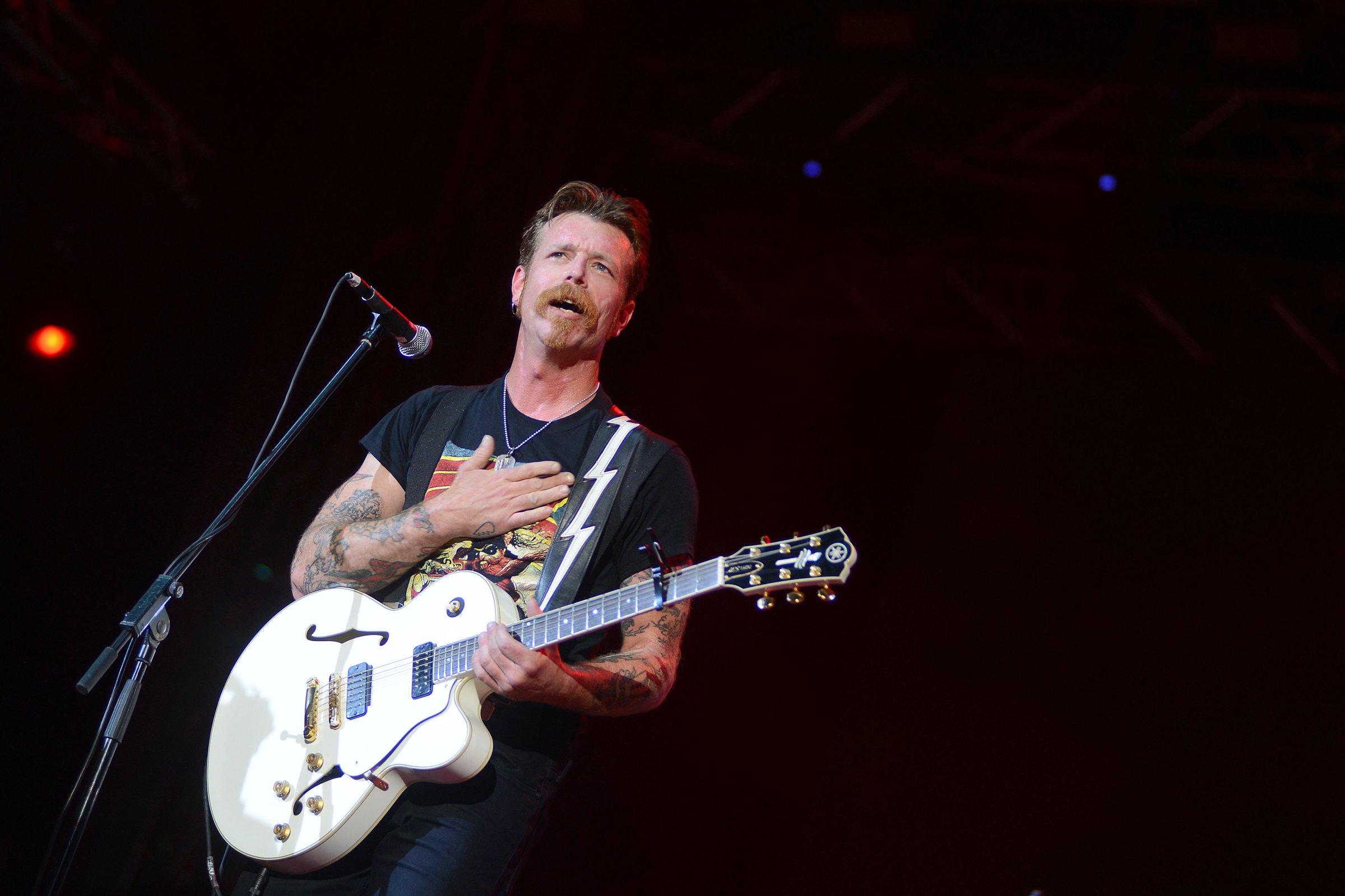 Jesse Hughes of Eagles of Death Metal performs live at Petrovaradin Fortress on July 9, 2015 in Novi Sad, Serbia.