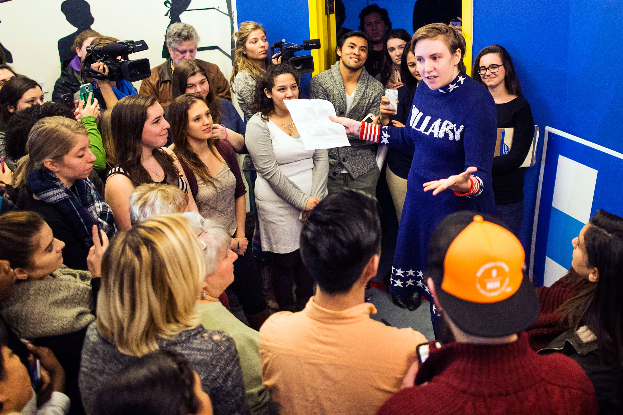 Screenwriter and actress Lena Dunham supports Democratic presidential candidate Hillary Clinton. Here she speaks at a Hillary Clinton campaign office on Jan. 8, 2016 in Manchester, N.H.