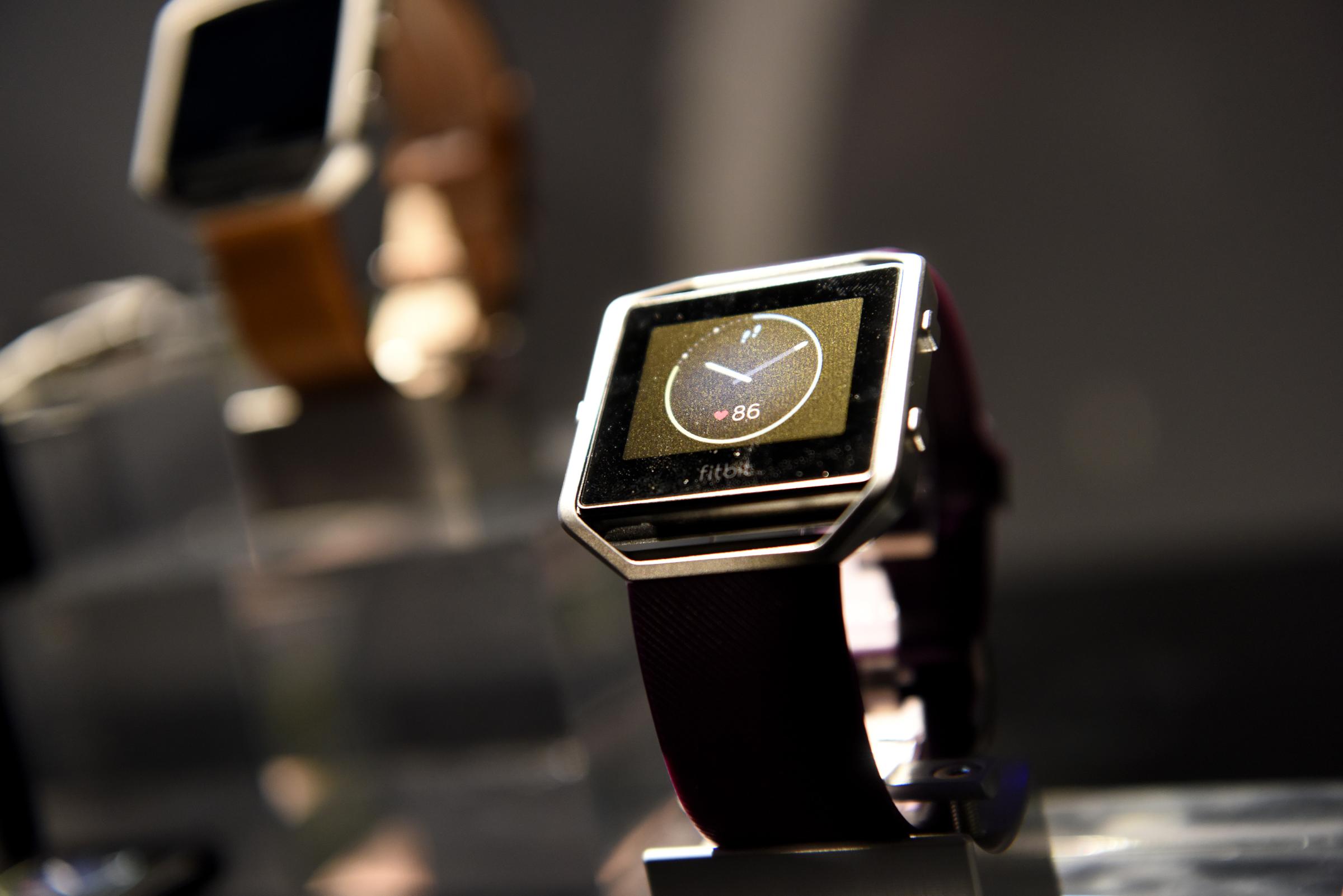 The Fitbit Inc. Blaze fitness tracker is displayed during an event at the 2016 Consumer Electronics Show (CES) in Las Vegas on Jan. 5, 2016.