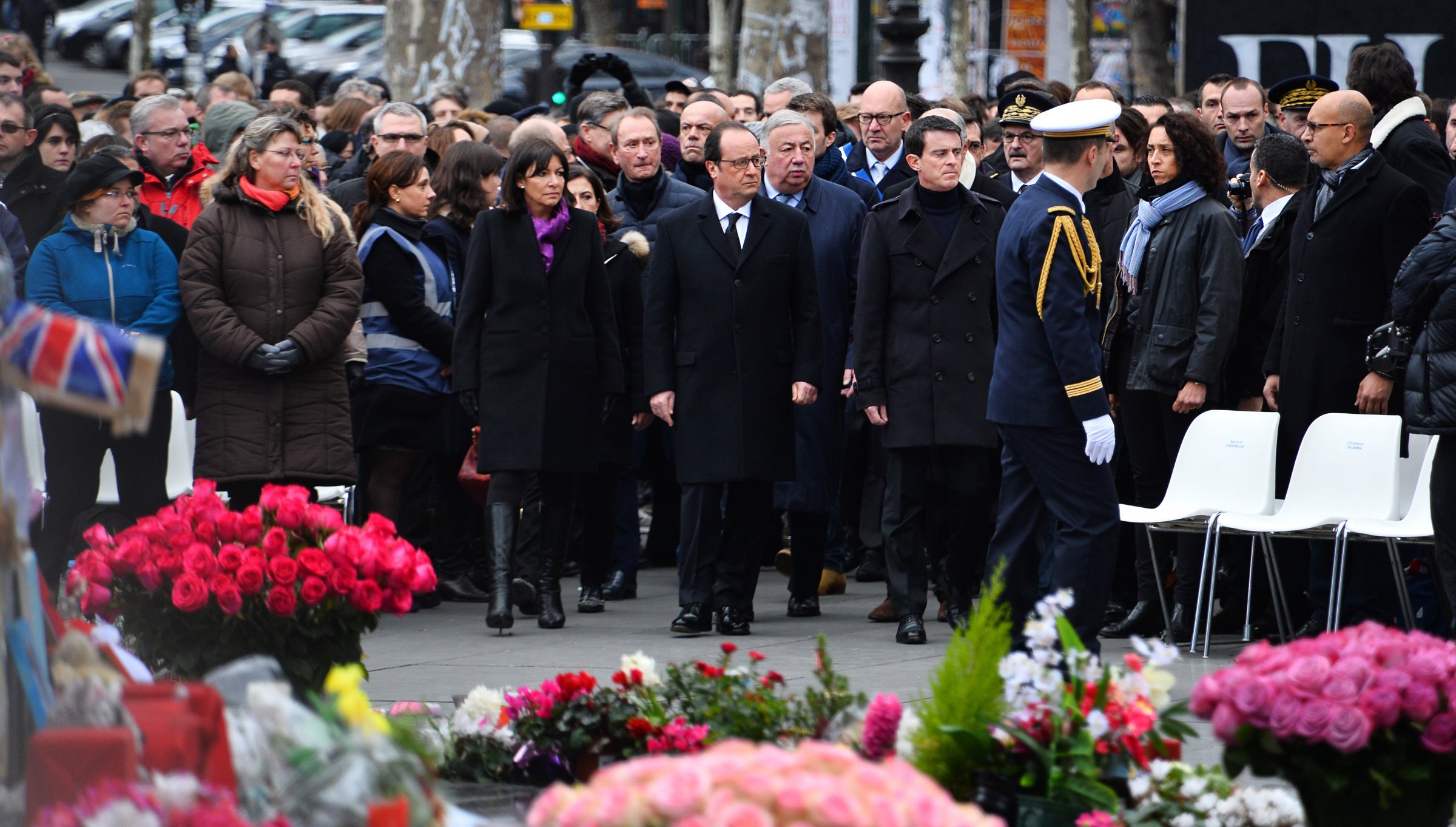 French President Francois Hollande attends a commemoration ceremony rally for Charlie Hebdo attack, at Place de la Republique in Paris on Jan. 10, 2016.