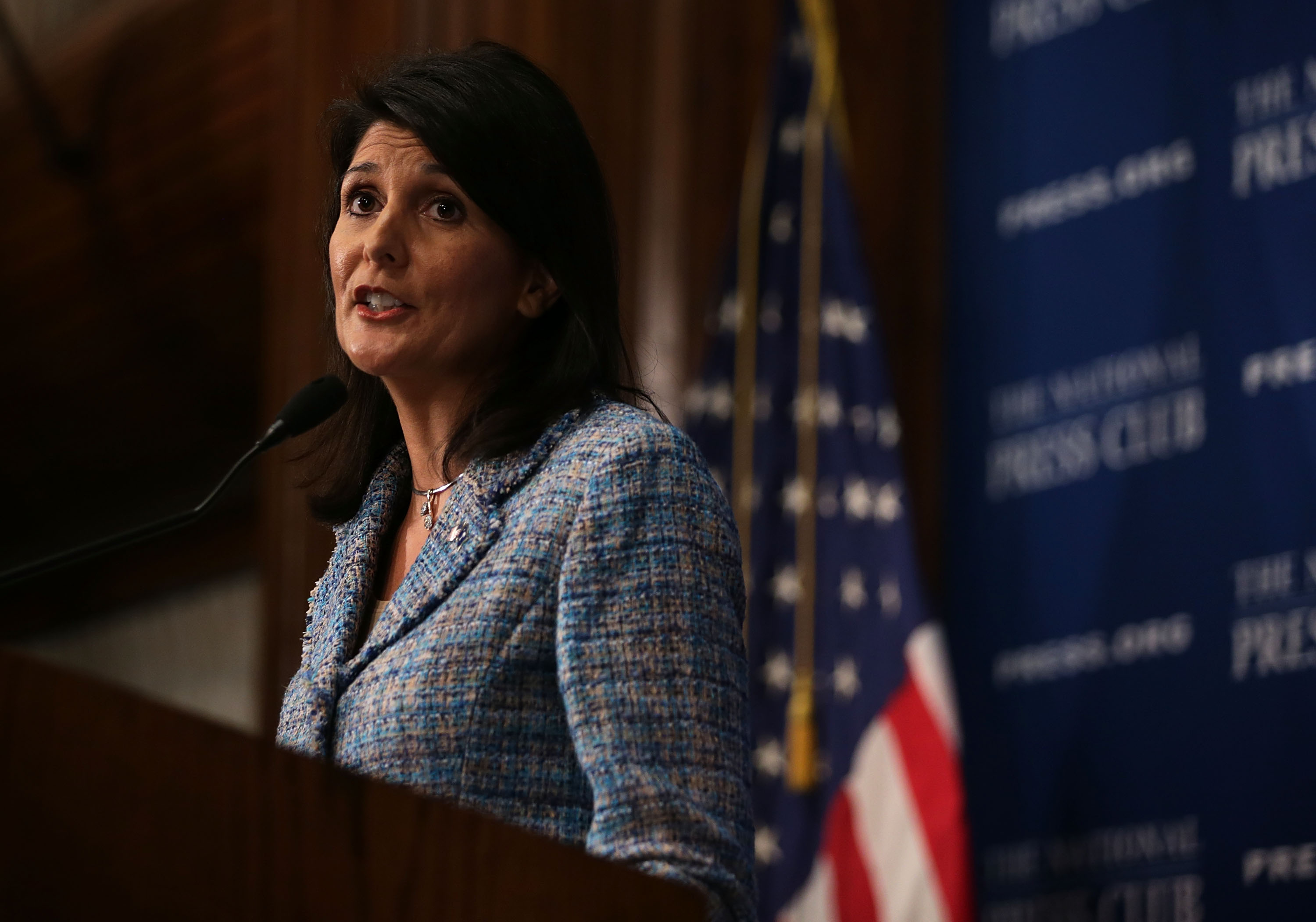 South Carolina Governor Nikki Haley addresses a Newsmaker Luncheon at the National Press Club September 2, 2015 in Washington, DC. Governor Haley spoke on "Lessons from the New South." (Alex Wong—Getty Images)