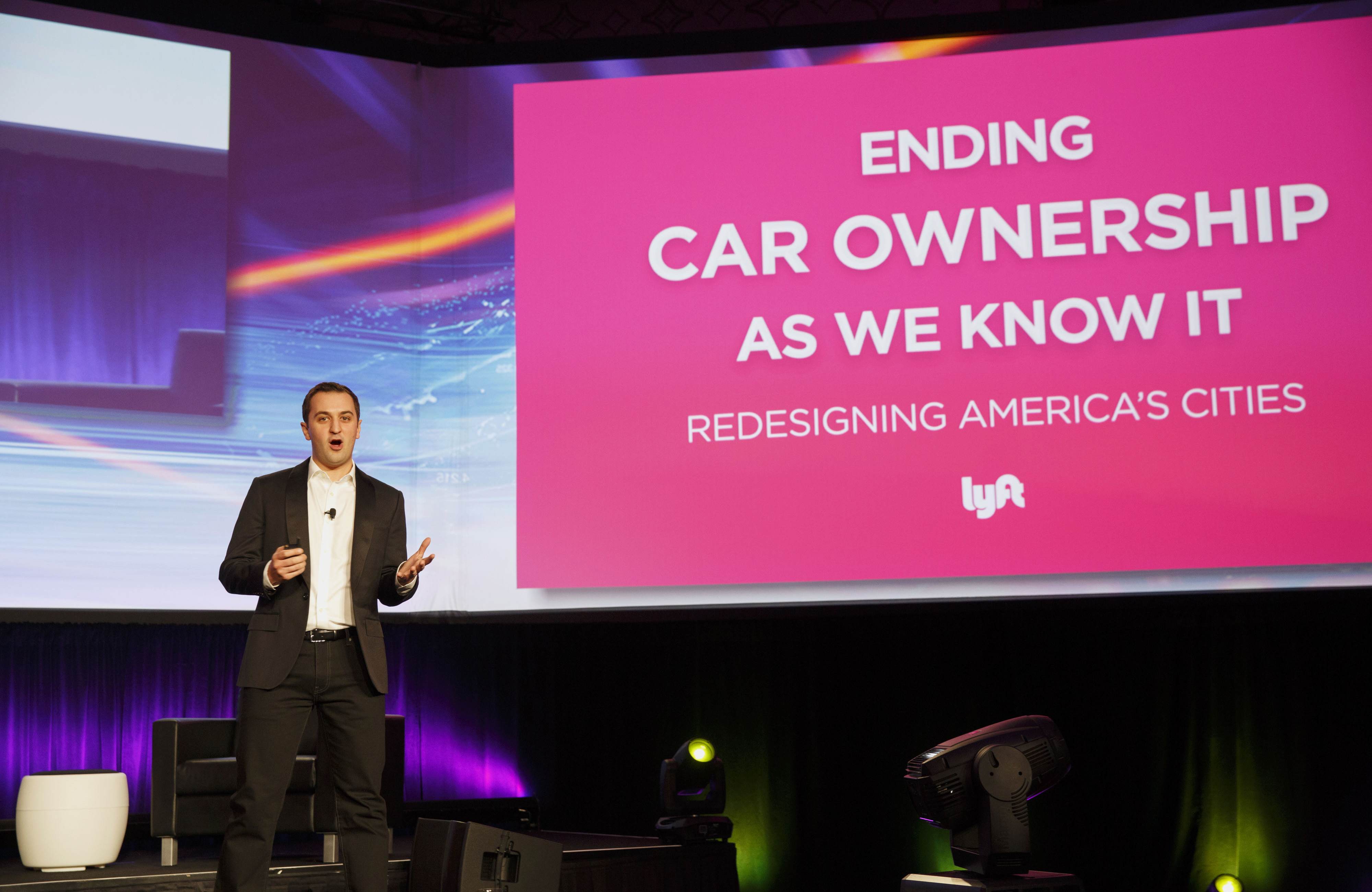 John Zimmer, co-founder and president of Lyft Inc., speaks during the Connected Car Expo ahead of the Los Angeles Auto Show in Los Angeles, California, U.S., on Tuesday, Nov. 17, 2015. (Bloomberg&mdash;Bloomberg via Getty Images)