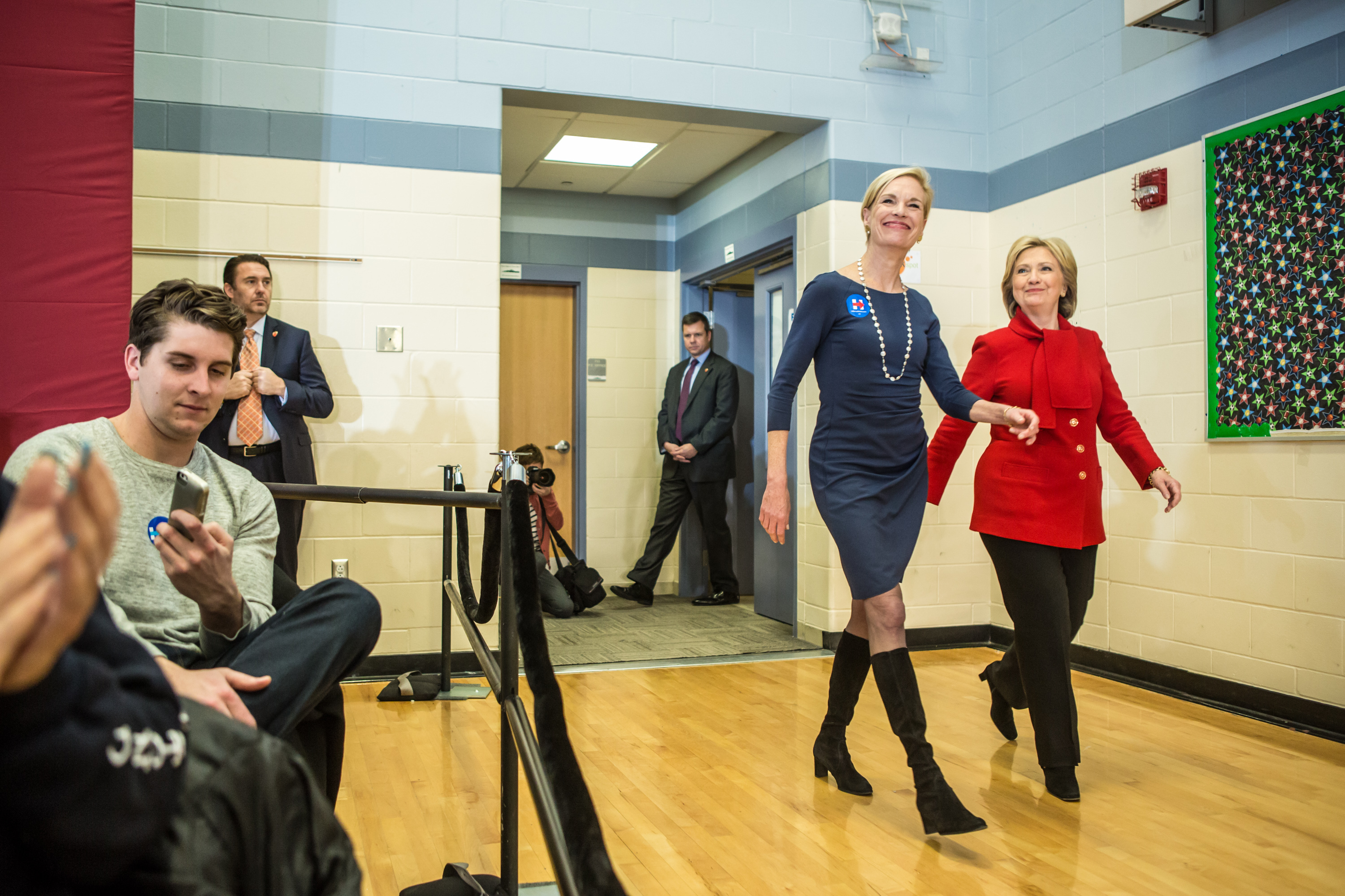 Democratic presidential candidate Hillary Clinton (R) arrives to speak at a campaign event with Cecile Richards (2nd R), president of Planned Parenthood, at Buford Garner Elementary School on January 24, 2016 in North Liberty, Iowa. (Photo by Brendan Hoffman--Getty Images) (Brendan Hoffman&mdash;Getty Images)