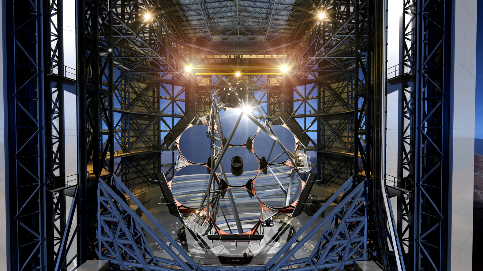 Artist's representation of the seven giant mirrors installed in the Giant Magellan Telescope. (Giant Magellan Telescope - GMTO Corporation)