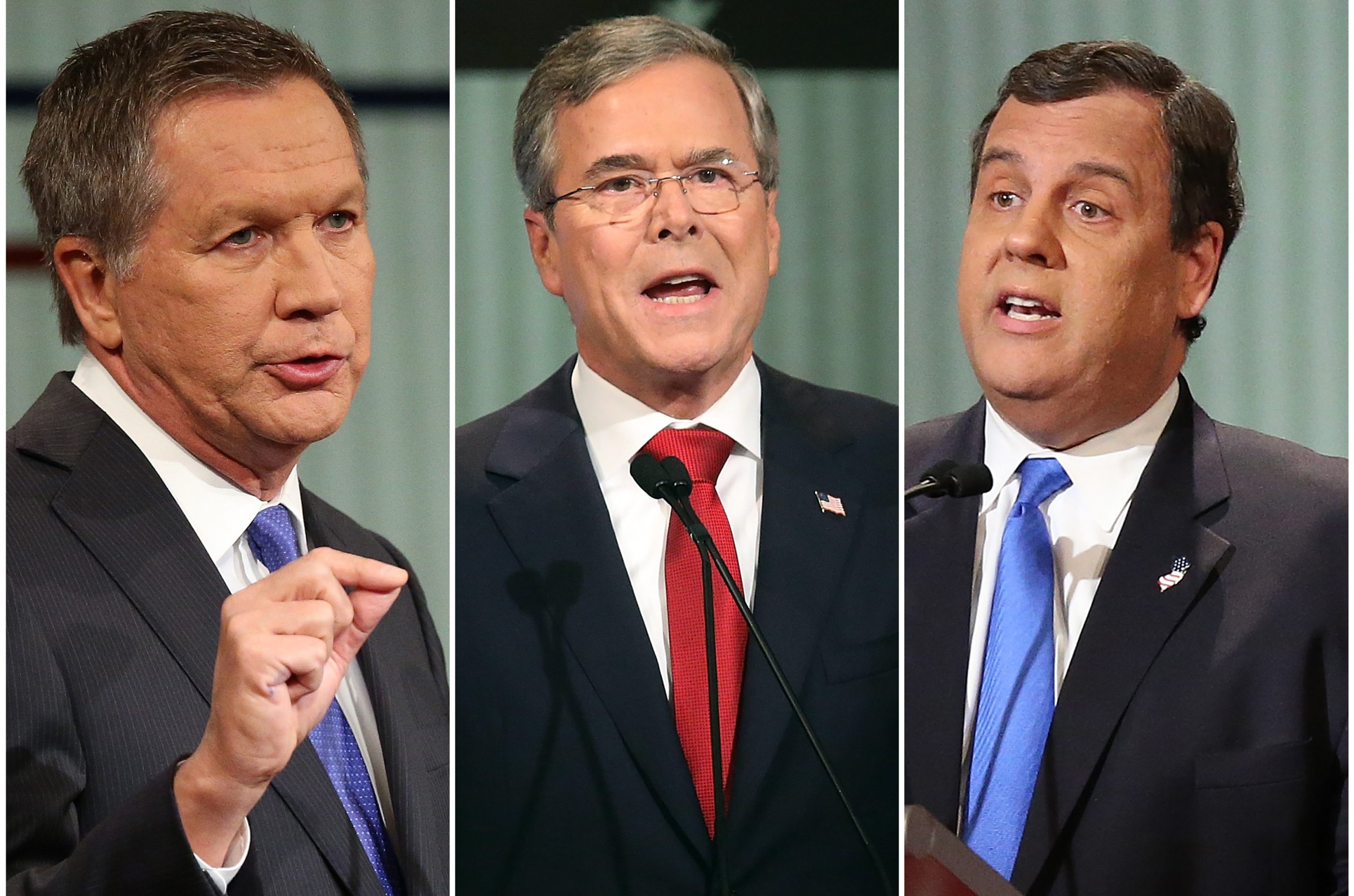 This combination image shows, from left, Republican governors John Kasich, Chris Christie and Jeb Bush at the Republican presidential debate on Jan. 14, 2016 in North Charleston, S.C.