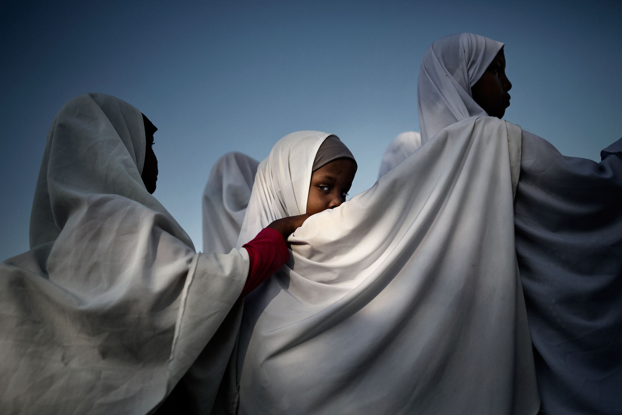 Female students in the courtyard of the Haji Mire Primary School in Bosaso, Somalia. The school has nine classes and students are taught English, Arabic, Mathematics, Physics and they also study the Koran. October 6, 2015.