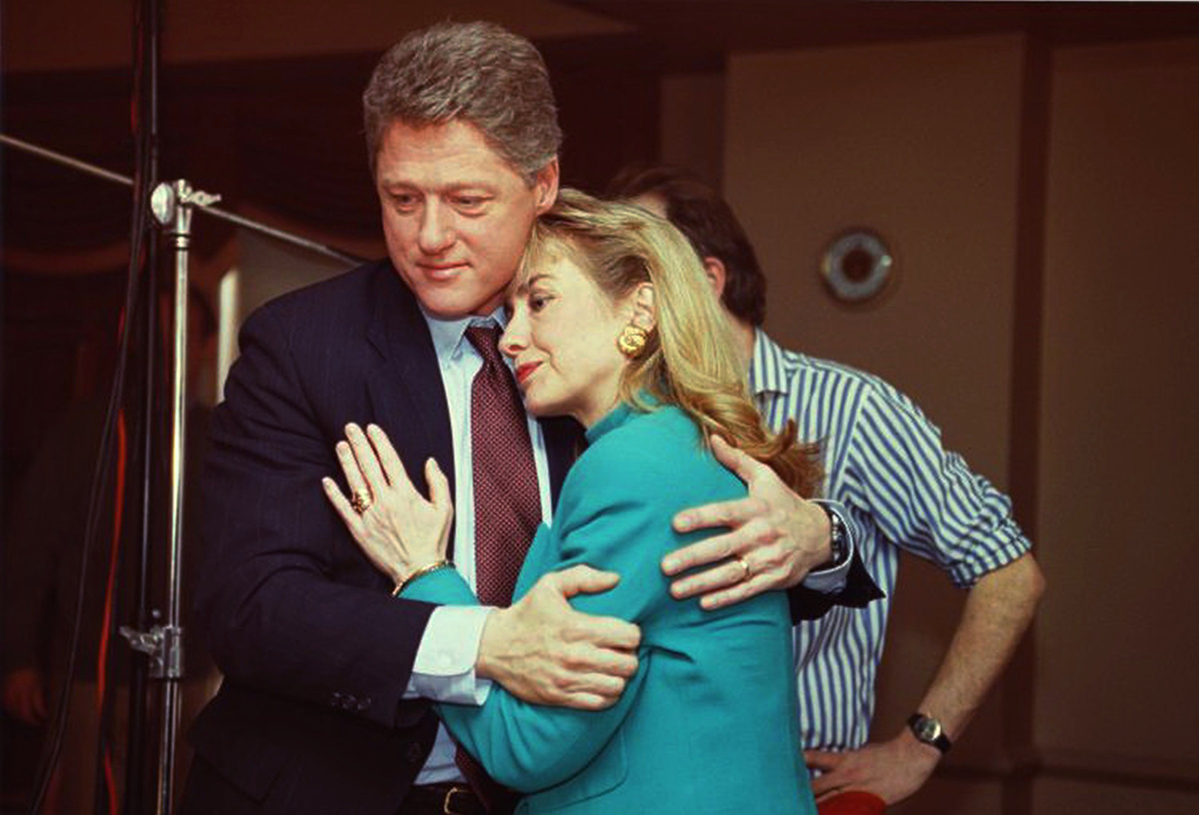 The past conduct of Bill Clinton (above, in 1992 during the 60 Minutes shoot, comforting Hillary after a stage light fell nearby) may haunt his wife’s campaign
