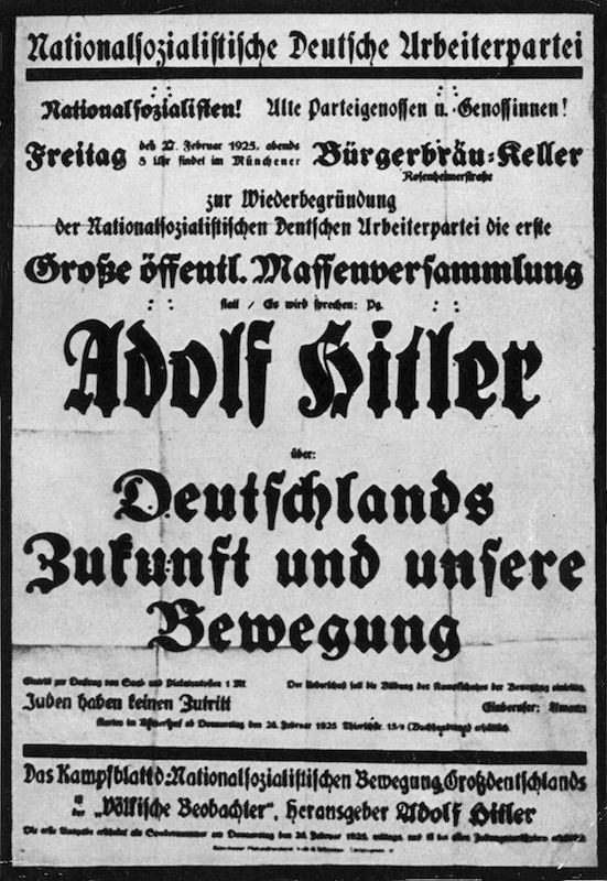 A poster advertising a meeting in Munich where Adolf Hitler will address the party faithful, on Feb. 27, 1925 (Hulton Archive / Getty Images)