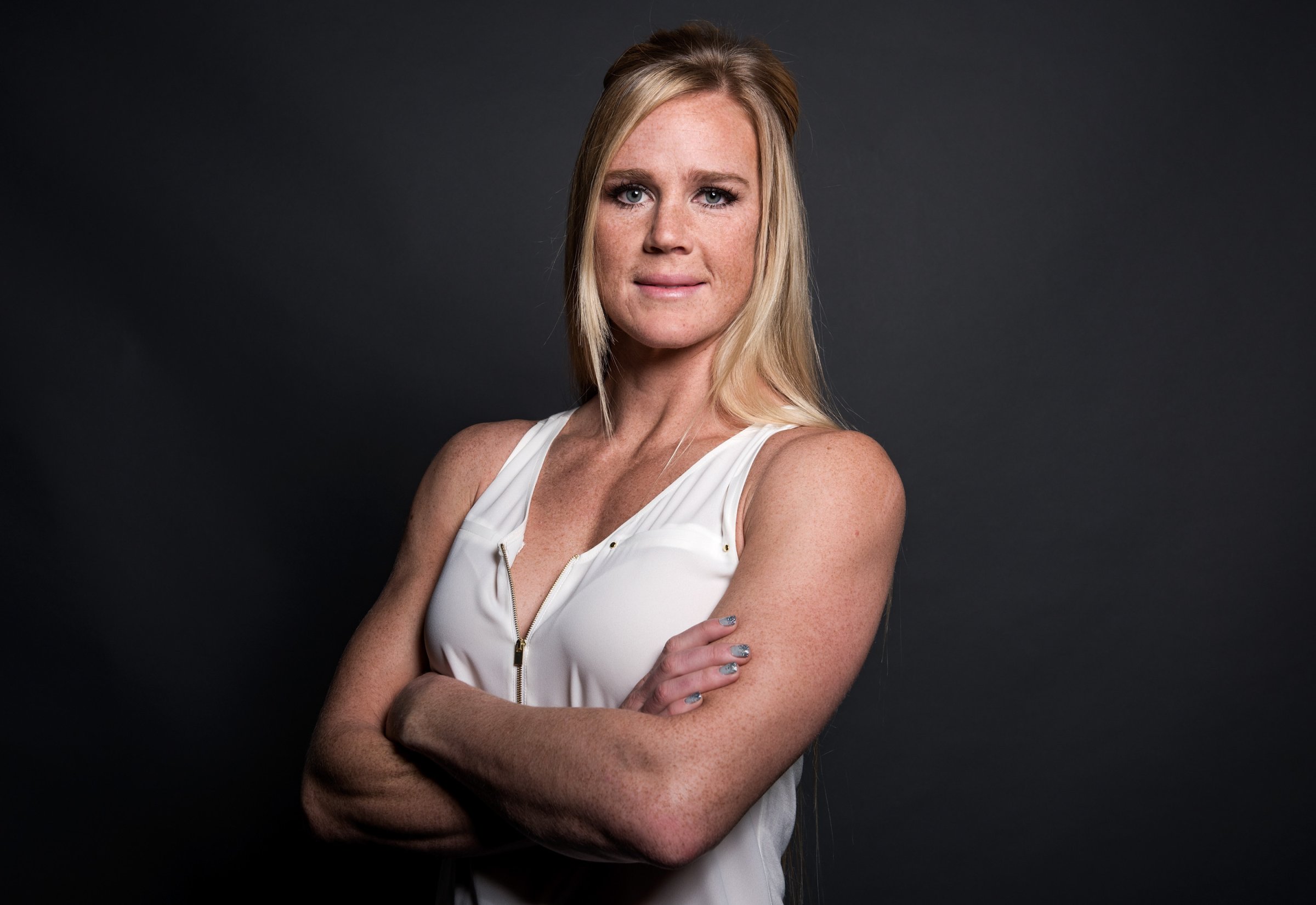 UFC bantamweight champion Holly Holm poses for a portrait backstage during the UFC 197 on-sale press conference event inside MGM Grand Hotel & Casino on January 20, 2016 in Las Vegas, Nevada.
