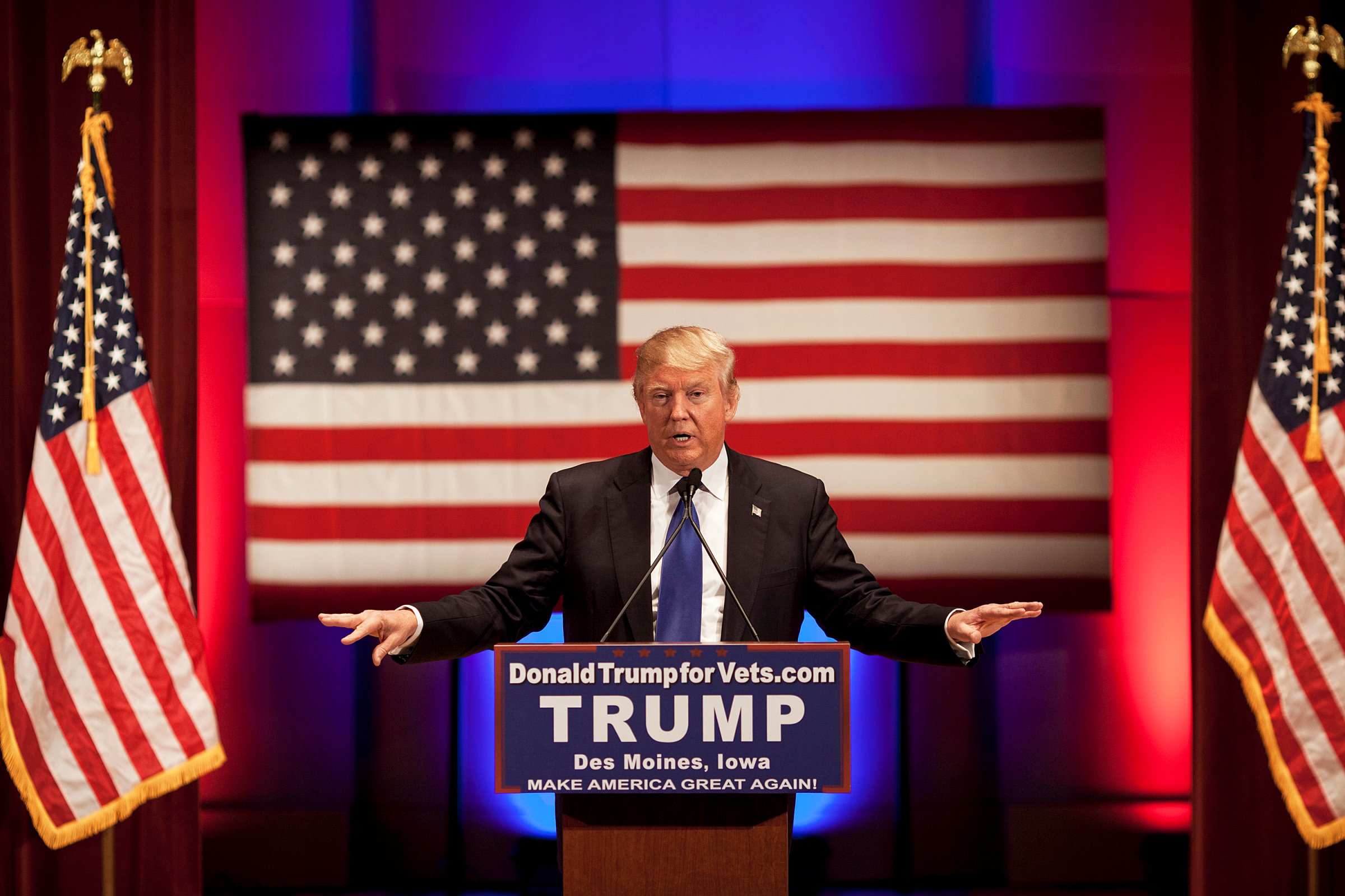 Donald Trump speaks at a rally for veterans in Des Moines, Iowa on Jan. 28, 2016.