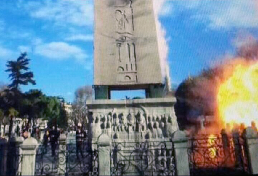 This image made from footage on a tourist's camera shows an explosion at Sultanahmet Square near the historical Roman obelisk in Istanbul on Tuesday, Jan. 12, 2016. Several people were killed.