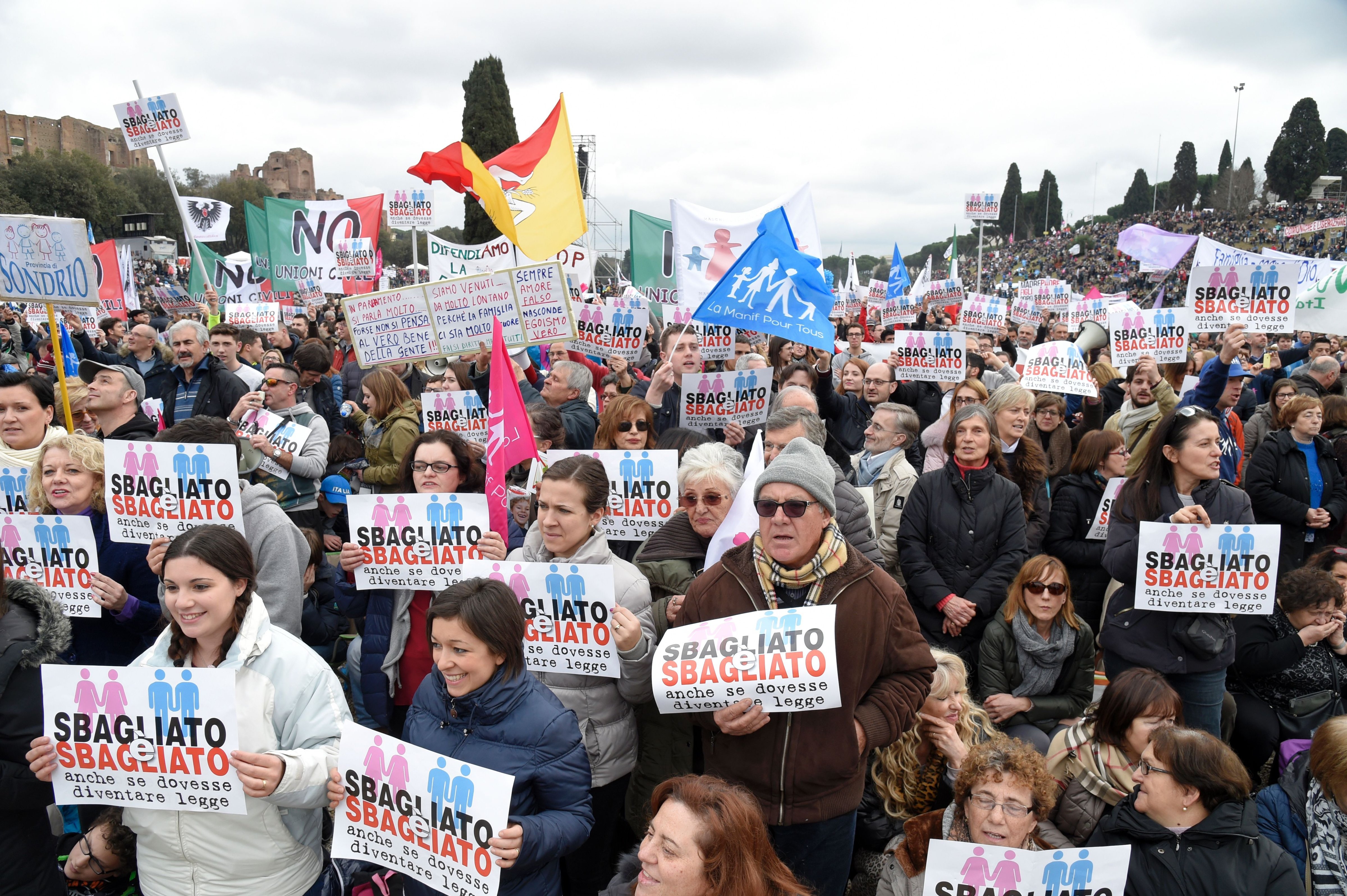Thousands of demonstrators holding placards reading "wrong and wrong" take part in the Family Day rally at the Circo Massimo in central Rome, on Jan. 30, 2016. (Aandreas Solaro—AFP/Getty Images)