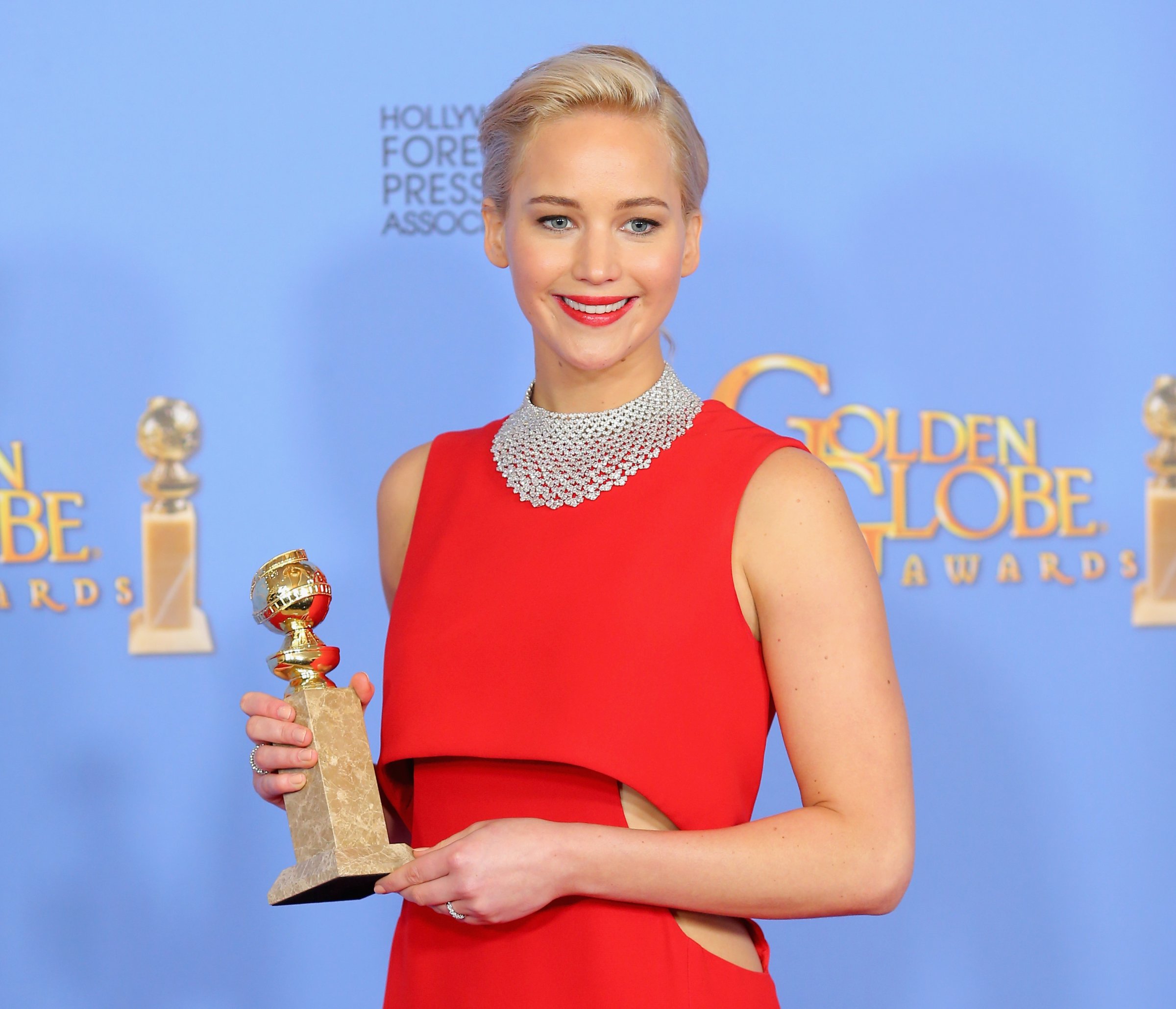Actress Jennifer Lawrence, poses in the press room during the 73rd Annual Golden Globe Awards held at the Beverly Hilton Hotel on January 10, 2016 in Beverly Hills, California.