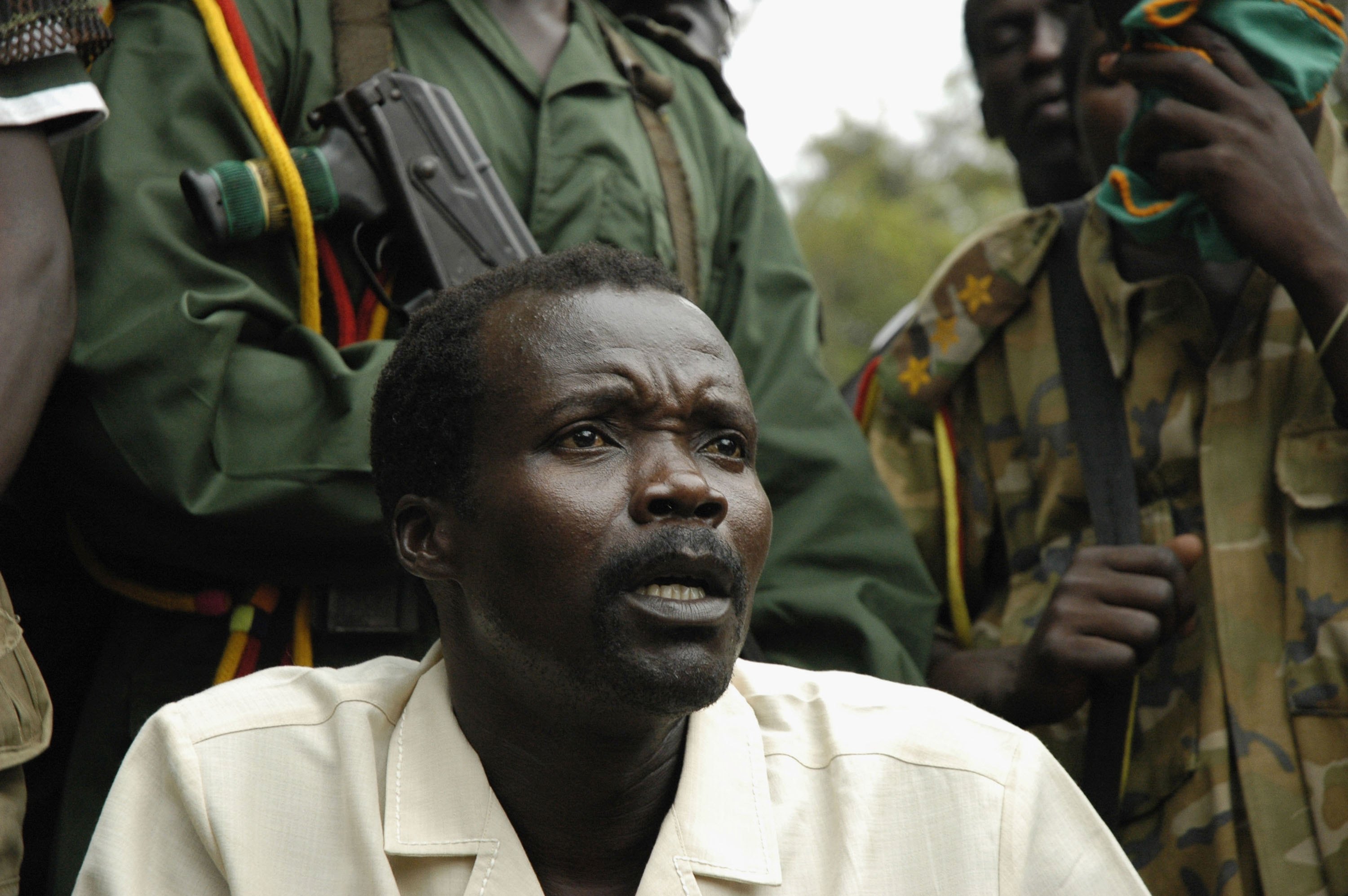 Joseph Kony, leader of the rebel group the Lord's Resistance Army makes a rare statement to the media during peace talks on Aug. 1, 2006 on the Congo-Sudan Border. (Adam Pletts—Getty Images)