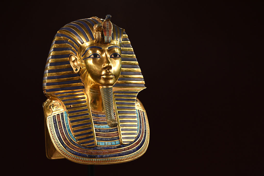 The burial mask of Egyptian Pharaoh Tutankhamun is shown during the 'Tutanchamun - Sein Grab und die Schaetze' Exhibition Preview at Kleine Olympiahalle on April 2, 2015 in Munich, Germany.