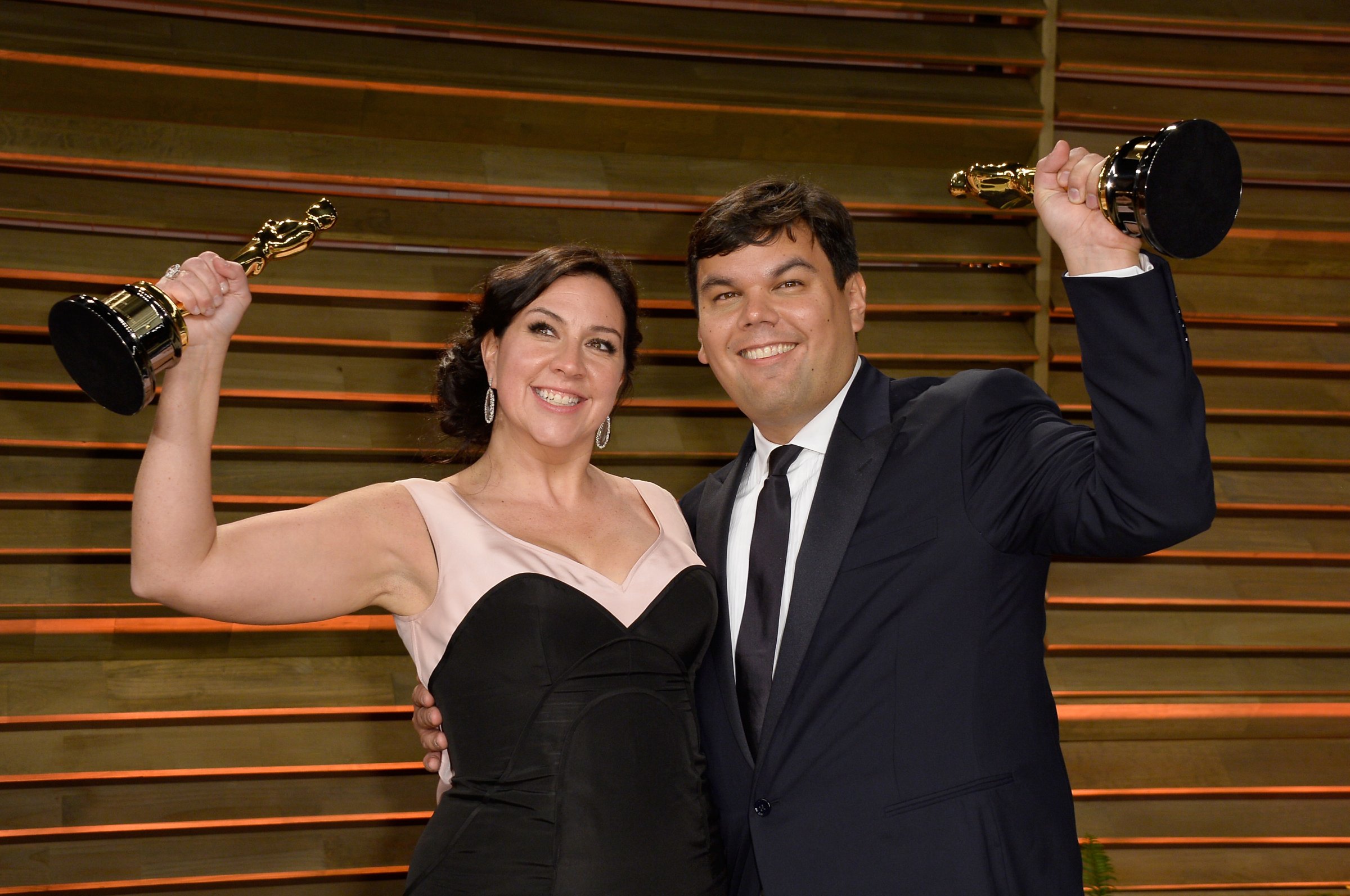 Songwriters Kristen Anderson-Lopez (L) and Robert Lopez at the 2014 Vanity Fair Oscar Party in West Hollywood, Calif. on March 2, 2014.
