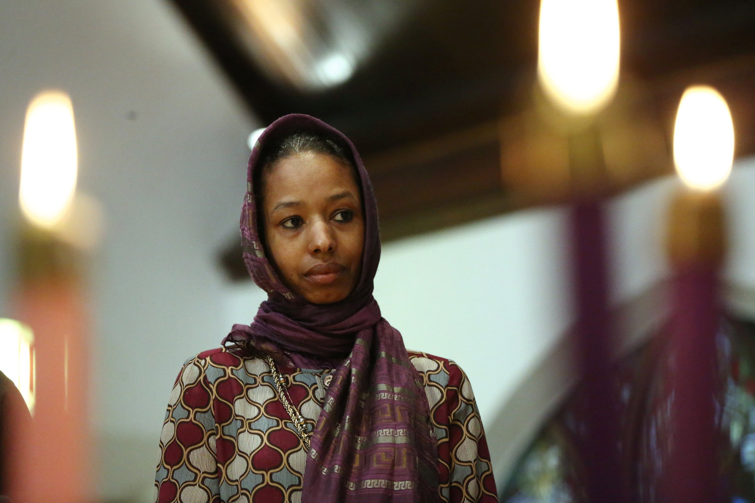 Larycia Hawkins, a Christian who is wearing a hijab over Advent in solidarity with Muslims, attends service at St. Martin Episcopal Church in Chicago on Dec. 13, 2015.
