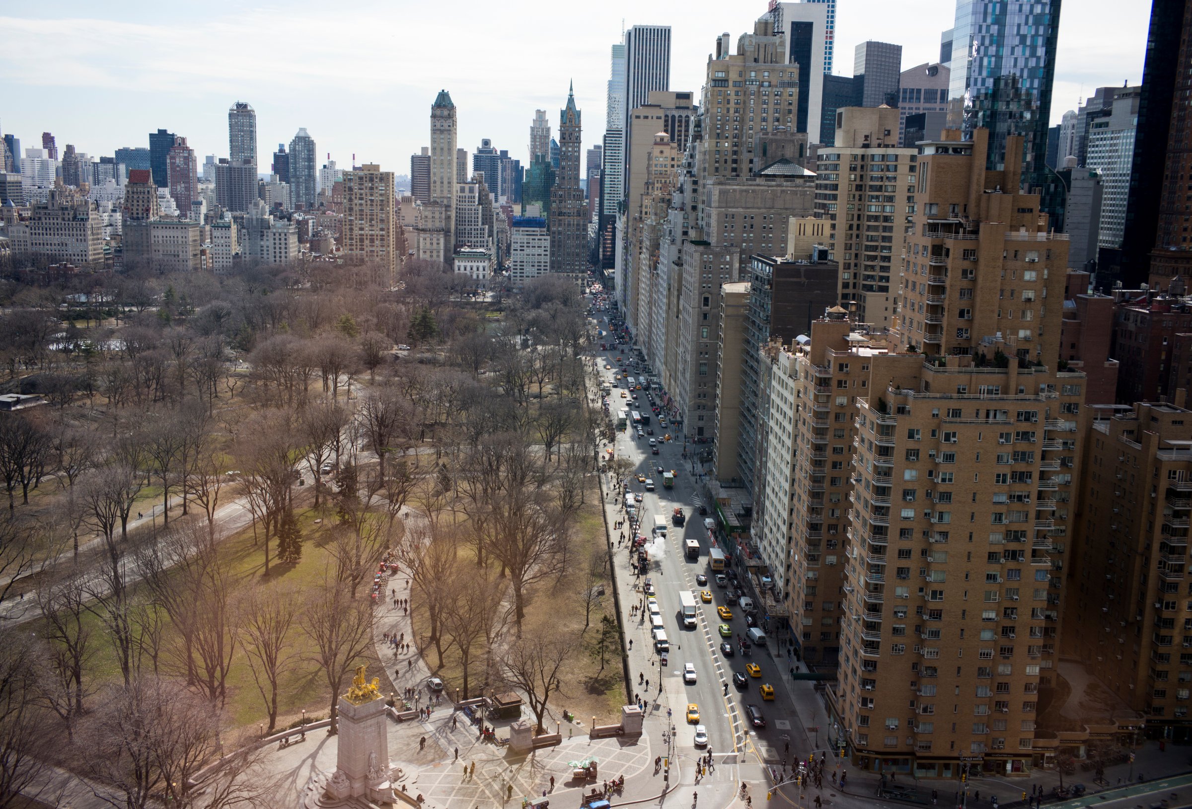 Luxury high-rise apartments are viewed across Central Park South near Columbus Circle in Manhattan.