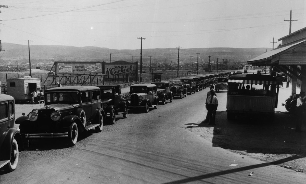 Cars queuing to cross the border into Mexico at Tijuana circa 1930 (General Photographic Agency / Getty Images)