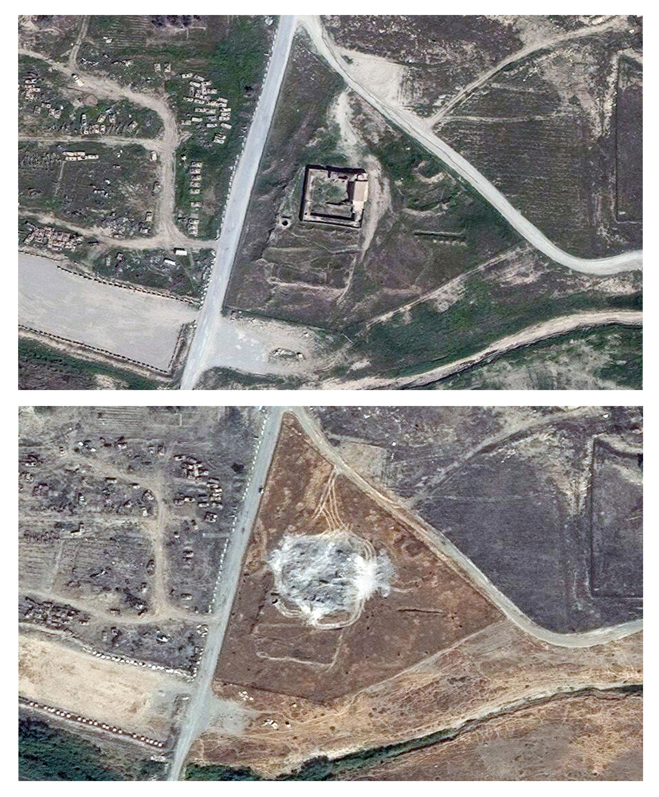 This combination of two satellite images, taken on March 31, 2011, and Sept. 28, 2014, shows the site of the 1,400-year-old Christian monastery known as St. Elijah's on the outskirts of Mosul, Iraq. (DigitalGlobe/AP)