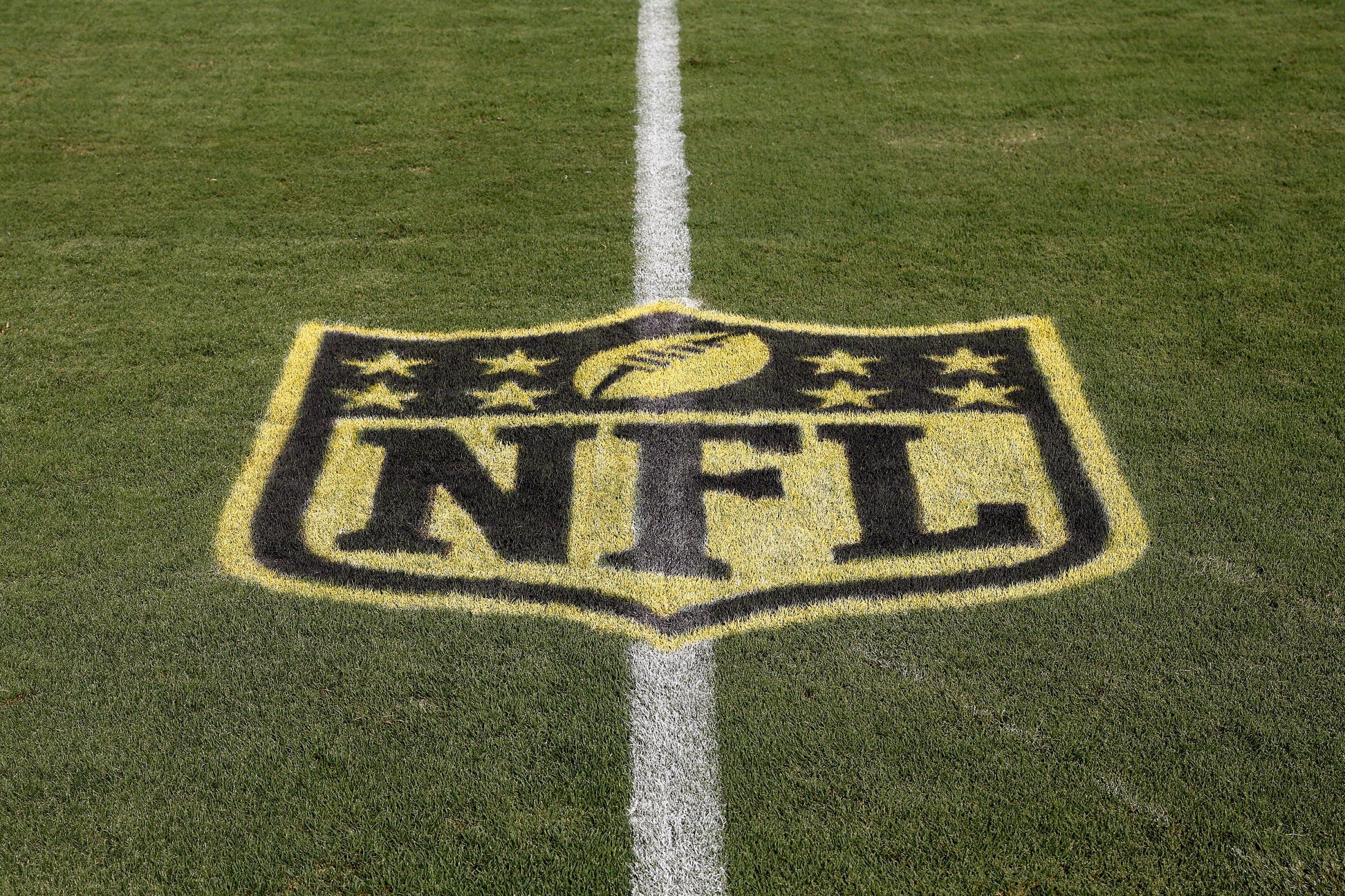 A general view of the gold NFL shield on the field before the Pittsburgh Steelers played against the Jacksonville Jaguars in an NFL preseason football game at EverBank Field on Aug. 14, 2015 in Jacksonville, Fla.