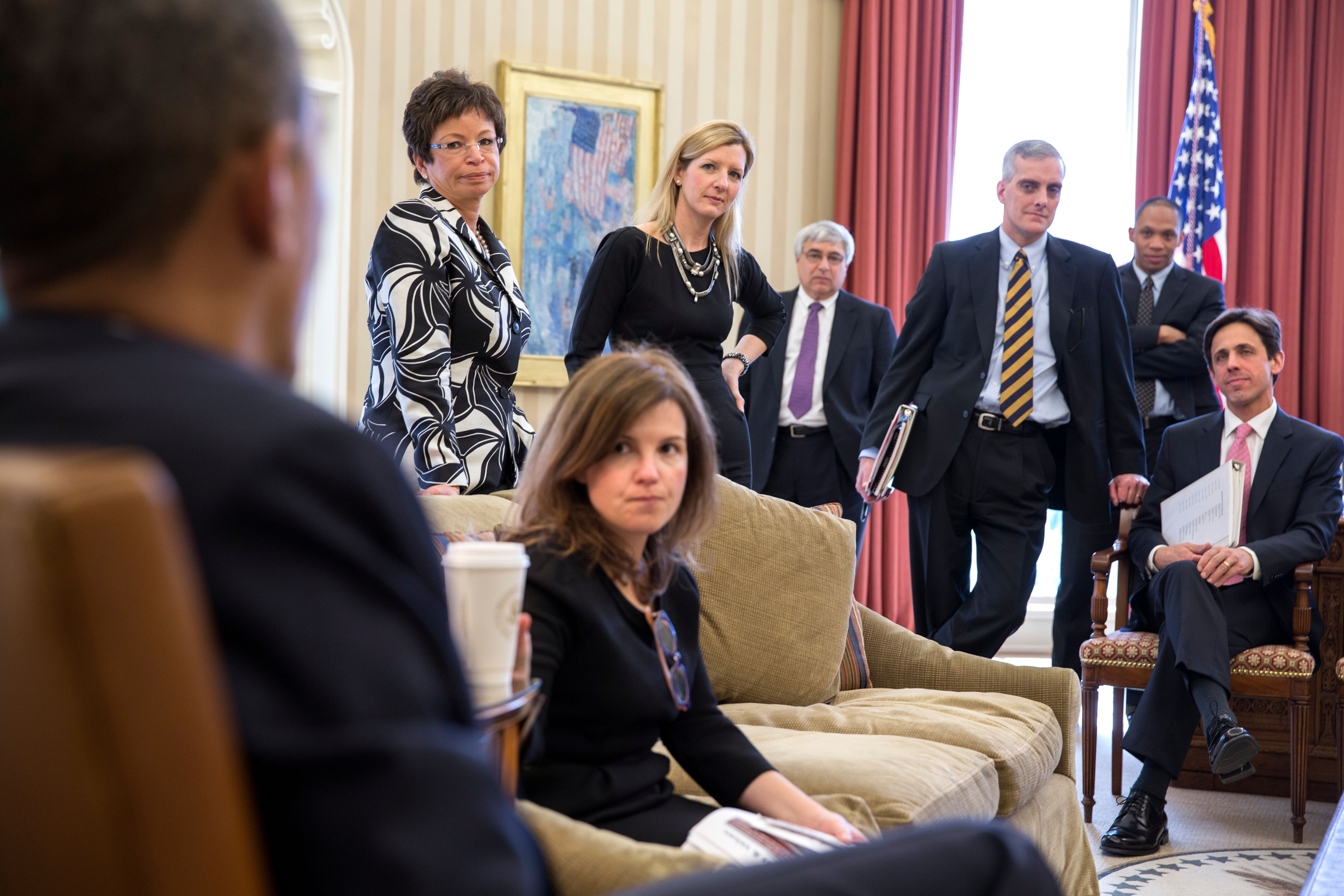 Barack Obama meets with senior advisors in the Oval Office on March 26, 2013. Pictured, from left, Senior Advisor Valerie Jarrett; Alyssa Mastromonaco, Deputy Chief of Staff for Operations; Kathryn Ruemmler, Counsel to the President; Pete Rouse, Counselor to the President; Chief of Staff Denis McDonough; Rob Nabors, Deputy White House Chief of Staff for Policy; and David Simas, Deputy Senior Advisor for Communications and Strategy. (Pete Souza—dpa/AP)